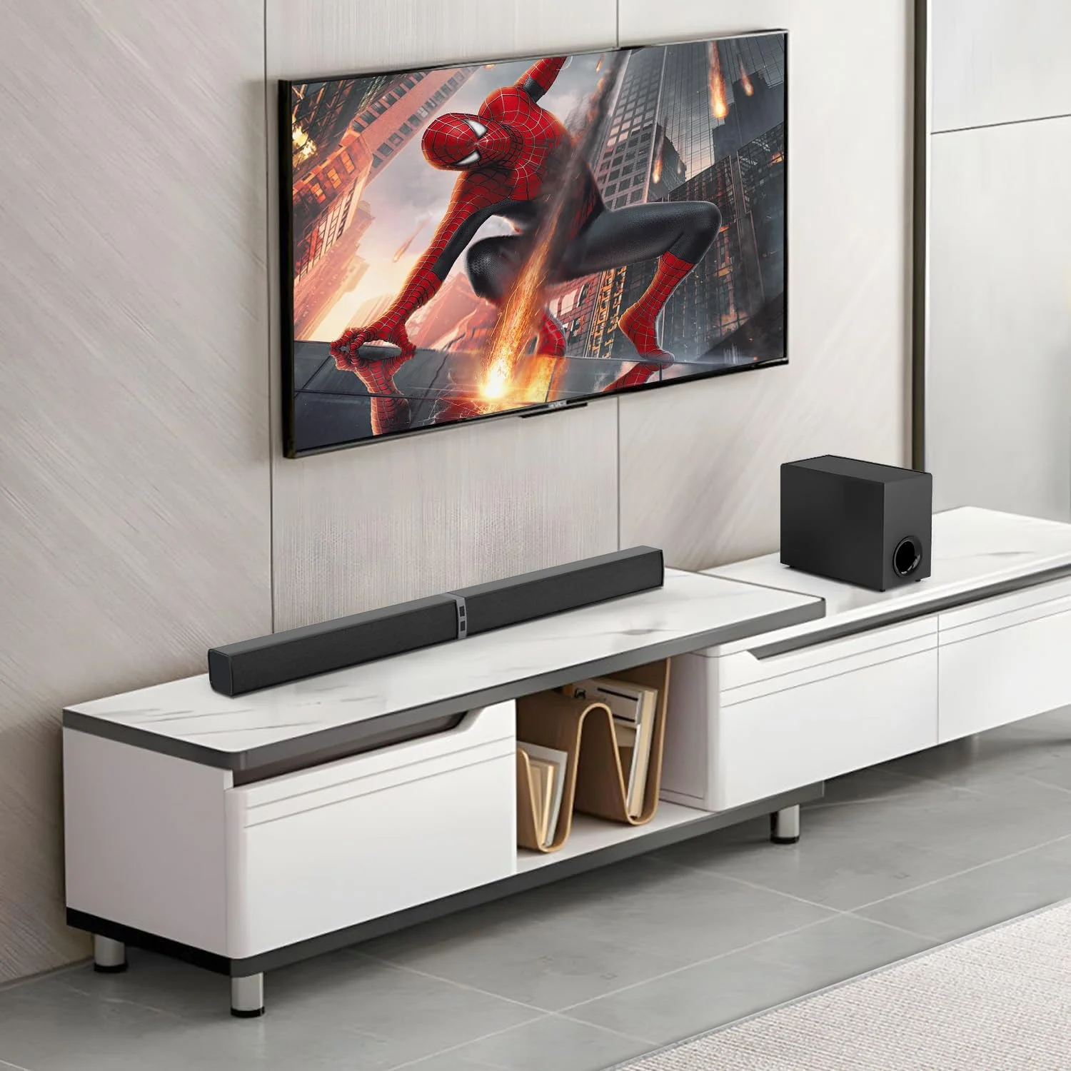 MZEIBO ساندبار با ساب ووفر - سیستم صدای فراگیر 80 واتی برای تلویزیون، بلوتوث 5.0، سیمی و بی سیم، سازگار با ARC، AUX، Optical MZEIBO ساندبار با ساب ووفر - سیستم صدای فراگیر 80 واتی برای تلویزیون، بلوتوث 5.0، سیمی و بی سیم، سازگار با ARC، AUX، Optical