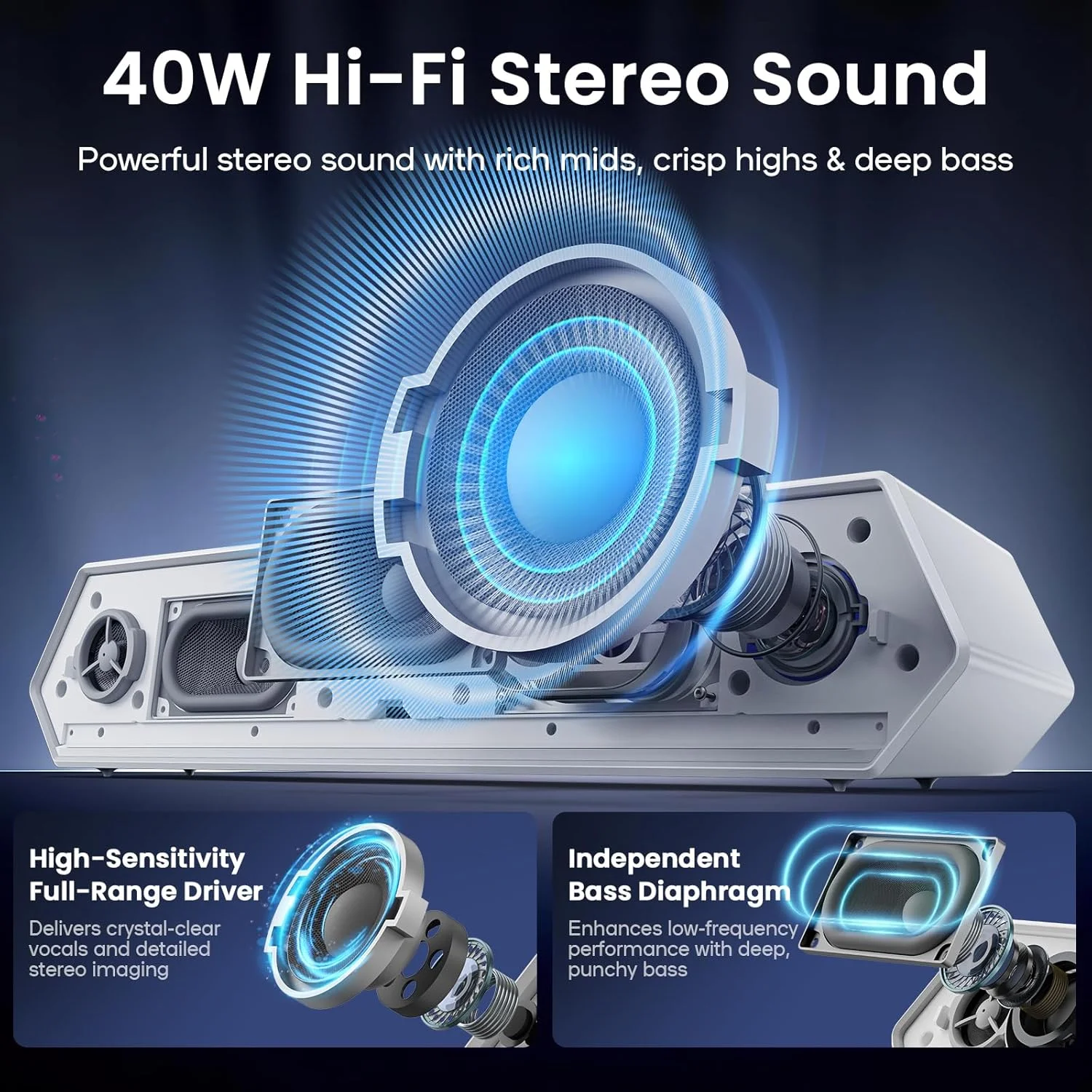 اسپیکر کامپیوتر Deeyaple، ساندبار بی سیم 40 واتی برای رایانه شخصی رومیزی با بلوتوث 5.3 و صدای USB، نورپردازی RGB پویا، نرم افزار EQ سفارشی، اسپیکرهای گیمینگ با آداپتور برق خارجی، لپ تاپ، Xbox سفید اسپیکر کامپیوتر Deeyaple، ساندبار بی سیم 40 واتی برای رایانه شخصی رومیزی با بلوتوث 5.3 و صدای USB، نورپردازی RGB پویا، نرم افزار EQ سفارشی، اسپیکرهای گیمینگ با آداپتور برق خارجی، لپ تاپ، Xbox سفید