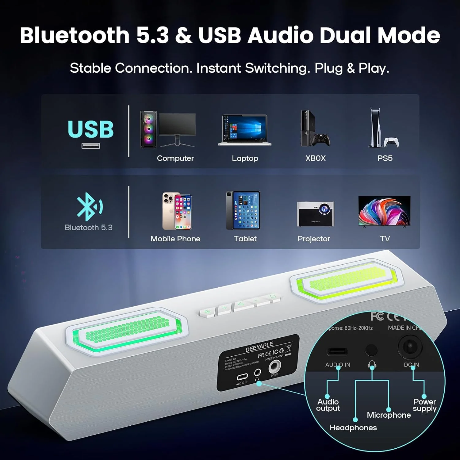 اسپیکر کامپیوتر Deeyaple، ساندبار بی سیم 40 واتی برای رایانه شخصی رومیزی با بلوتوث 5.3 و صدای USB، نورپردازی RGB پویا، نرم افزار EQ سفارشی، اسپیکرهای گیمینگ با آداپتور برق خارجی، لپ تاپ، Xbox سفید اسپیکر کامپیوتر Deeyaple، ساندبار بی سیم 40 واتی برای رایانه شخصی رومیزی با بلوتوث 5.3 و صدای USB، نورپردازی RGB پویا، نرم افزار EQ سفارشی، اسپیکرهای گیمینگ با آداپتور برق خارجی، لپ تاپ، Xbox سفید