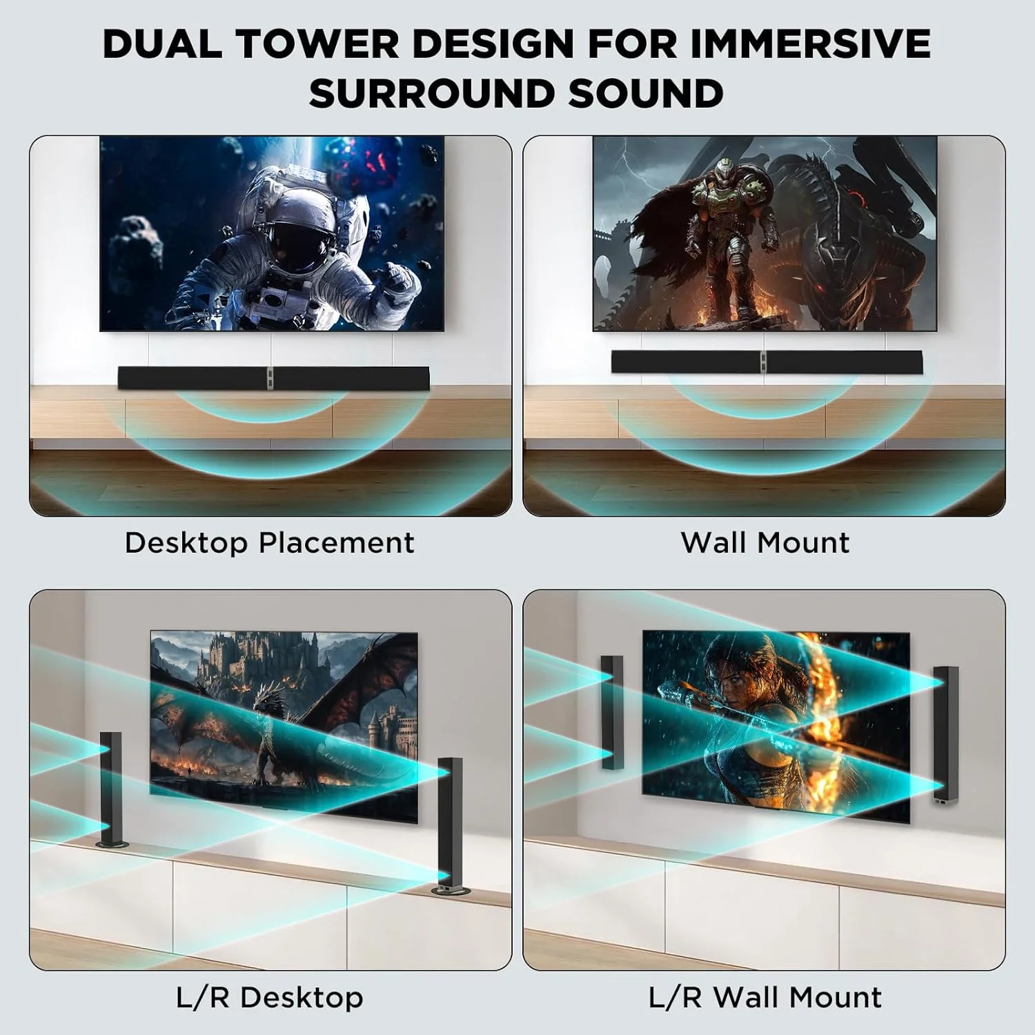 MZEIBO ساندبار، ساندبار تلویزیون 80 واتی با بلوتوث 5.0 صدای استریو فراگیر طراحی جداشدنی 2 در 1 برای سینمای خانگی تلویزیون هوشمند کامپیوتر و تجربه موسیقی