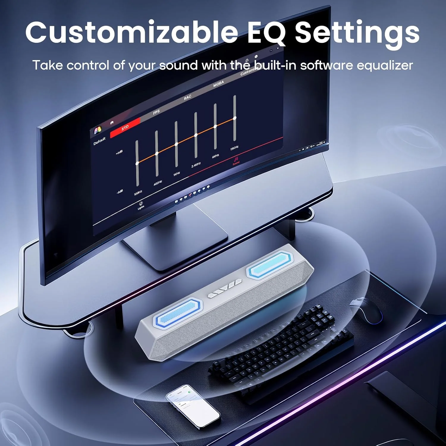 اسپیکر کامپیوتر Deeyaple، ساندبار بی سیم 40 واتی برای رایانه شخصی رومیزی با بلوتوث 5.3 و صدای USB، نورپردازی RGB پویا، نرم افزار EQ سفارشی، اسپیکرهای گیمینگ با آداپتور برق خارجی، لپ تاپ، Xbox سفید اسپیکر کامپیوتر Deeyaple، ساندبار بی سیم 40 واتی برای رایانه شخصی رومیزی با بلوتوث 5.3 و صدای USB، نورپردازی RGB پویا، نرم افزار EQ سفارشی، اسپیکرهای گیمینگ با آداپتور برق خارجی، لپ تاپ، Xbox سفید