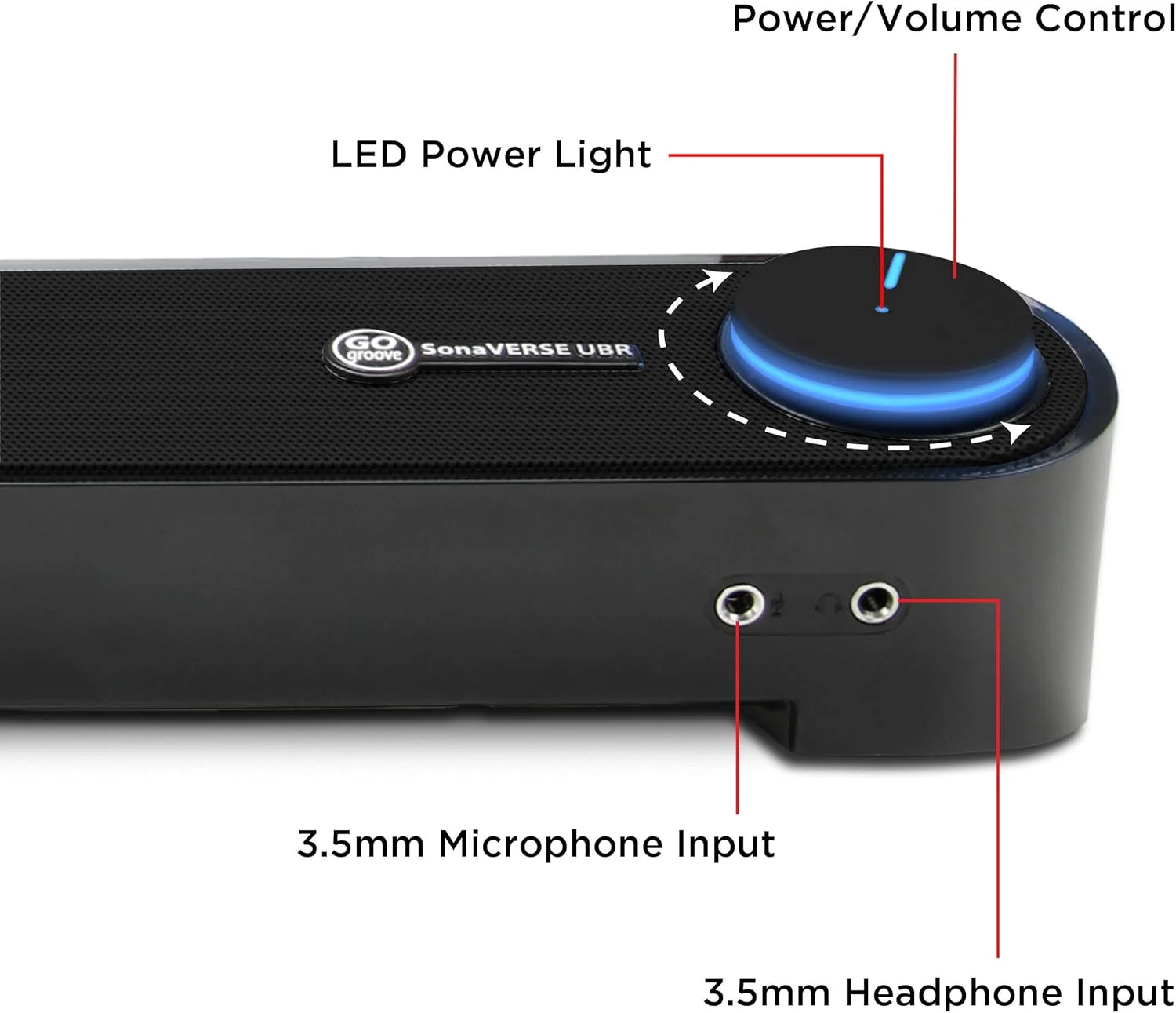 اسپیکر کامپیوتر USB مینی ساندبار GOgroove - ساندبار دسکتاپ SonaVERSE UBR زیر مانیتوری با پورت های هدفون و میکروفون، دکمه تنظیم صدا LED داخلی، راه اندازی آسان سیمی با تغذیه USB (مشکی)