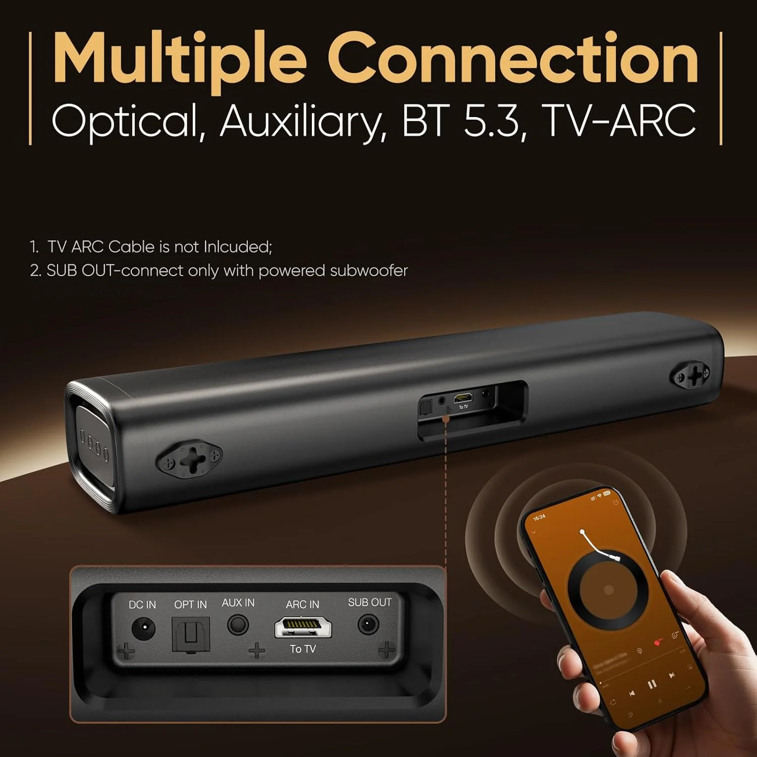 ساندبار تلویزیون هوشمند Saiyin، ساندبار بلوتوث 5.3 با توان 60 وات با درایورهای باس دوگانه و صدای شفاف، سیستم صدای فراگیر مجازی با TV-ARC/Optical/AUX برای تلویزیون/رایانه شخصی/بازی/پروژکتور، 17 اینچ، قابل نصب روی دیوار