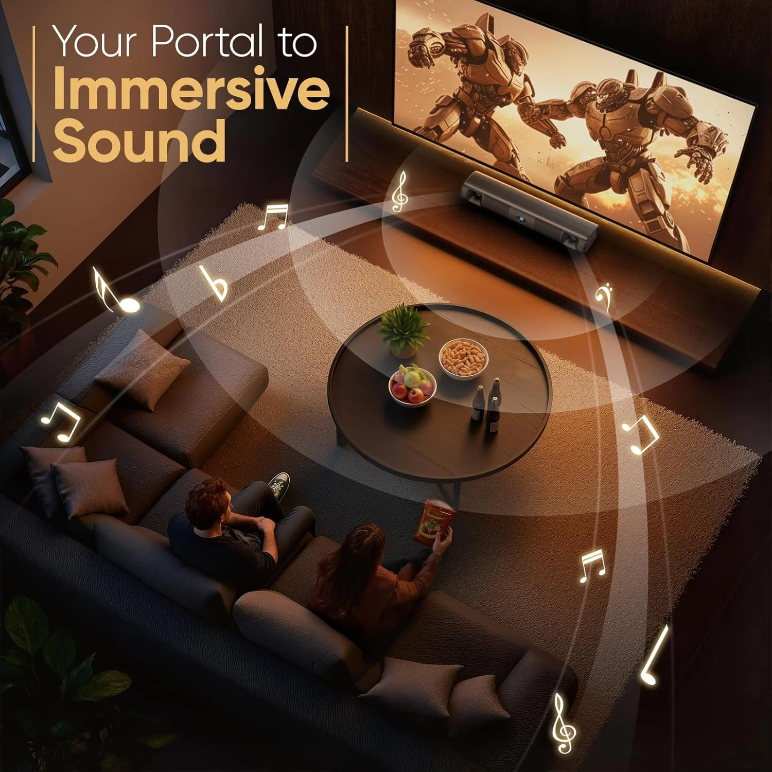 ساندبار تلویزیون هوشمند Saiyin، ساندبار بلوتوث 5.3 با توان 60 وات با درایورهای باس دوگانه و صدای شفاف، سیستم صدای فراگیر مجازی با TV-ARC/Optical/AUX برای تلویزیون/رایانه شخصی/بازی/پروژکتور، 17 اینچ، قابل نصب روی دیوار