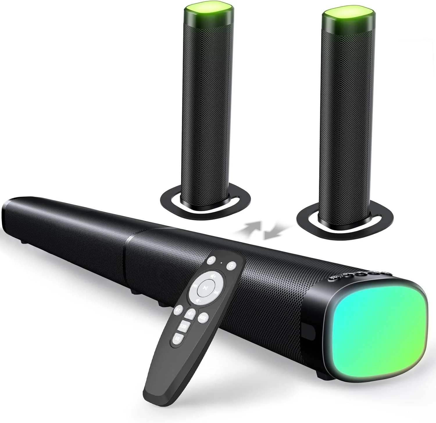 ساندبار 100 واتی برای تلویزیون هوشمند با 3 حالت نور RGB، بلوتوث 5.3، اتصال ARC/Opt/AUX، اسپیکر جداشدنی 2 در 1، 3 حالت اکولایزر، ساندبار صدای فراگیر باس برای تلویزیون/کامپیوتر/بازی/پروژکتور