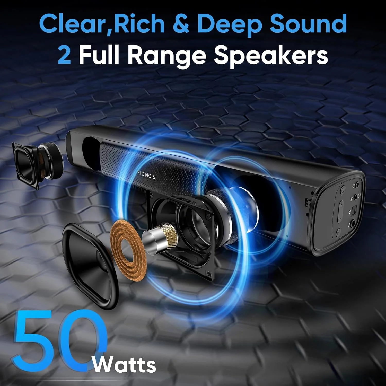 ساندبار RIOWOIS برای تلویزیون هوشمند، تقویت بیس و صدای واضح، ساندبار بلوتوث برای تلویزیون/کامپیوتر/بازی/پروژکتور، اپتیکال/AUX/نصب دیواری، 17 اینچ