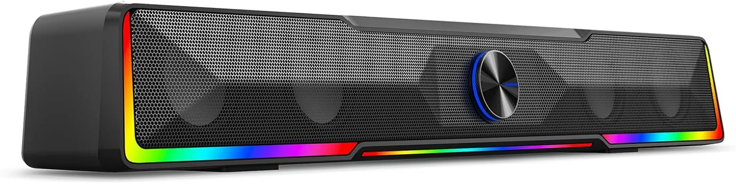 ردراگون GS516 ساندبار RGB رومیزی، اسپیکر کامپیوتر 2.0 کاناله با نورپردازی دینامیک، همگام سازی نور و صدا/نمایشگر، نور پس زمینه با کنترل لمسی و دکمه تنظیم صدا، تغذیه از طریق USB با کابل 3.5 میلی متری، مشکی