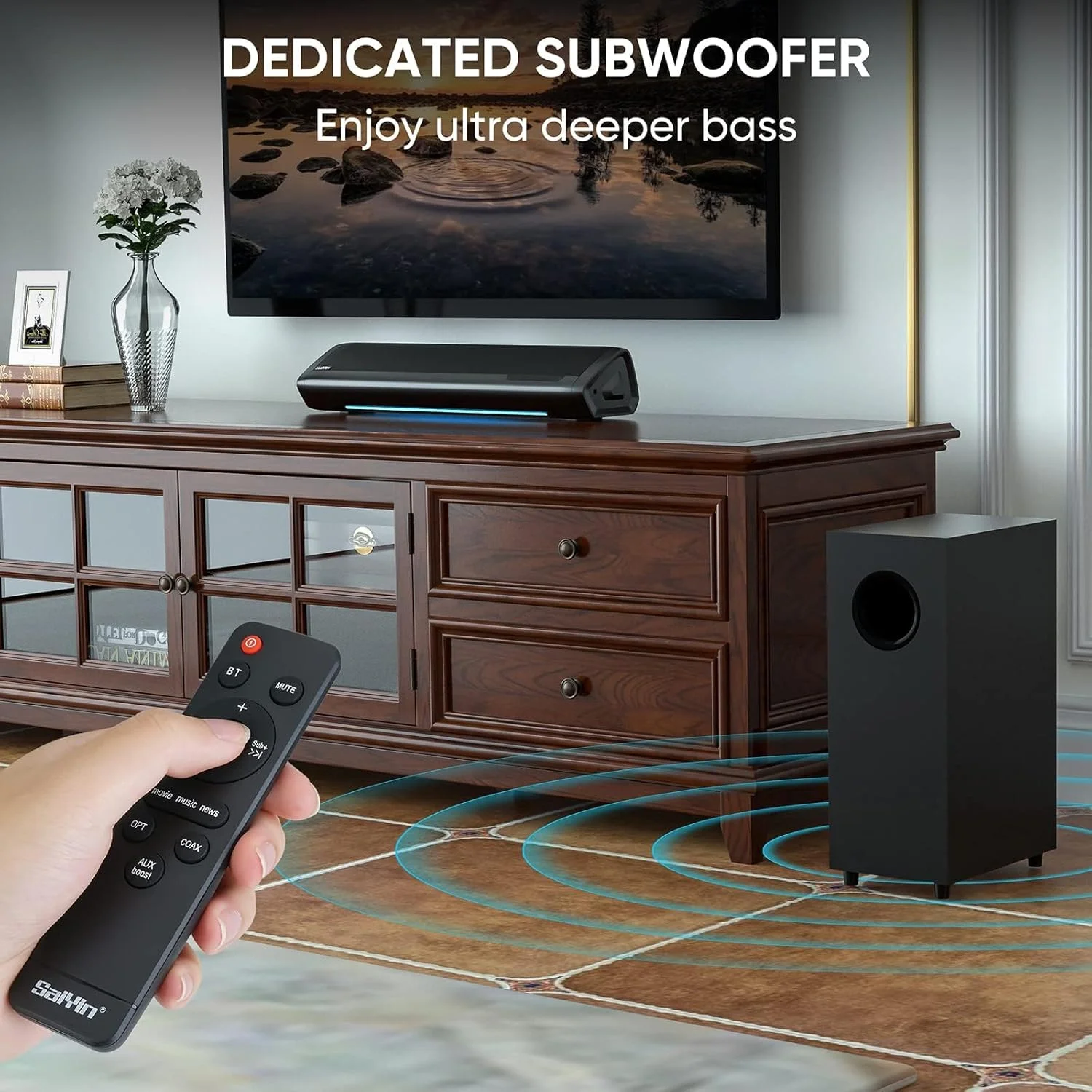 ساندبارهای تلویزیون سایین با ساب ووفر، سیستم صوتی فراگیر سینمای خانگی 2.1 کاناله با بیس عمیق، اسپیکر مانیتور کوچک، اتصال بلوتوث/AUX/اپتیکال، قابل نصب روی دیوار، 17 اینچ ساندبارهای تلویزیون سایین با ساب ووفر، سیستم صوتی فراگیر سینمای خانگی 2.1 کاناله با بیس عمیق، اسپیکر مانیتور کوچک، اتصال بلوتوث/AUX/اپتیکال، قابل نصب روی دیوار، 17 اینچ