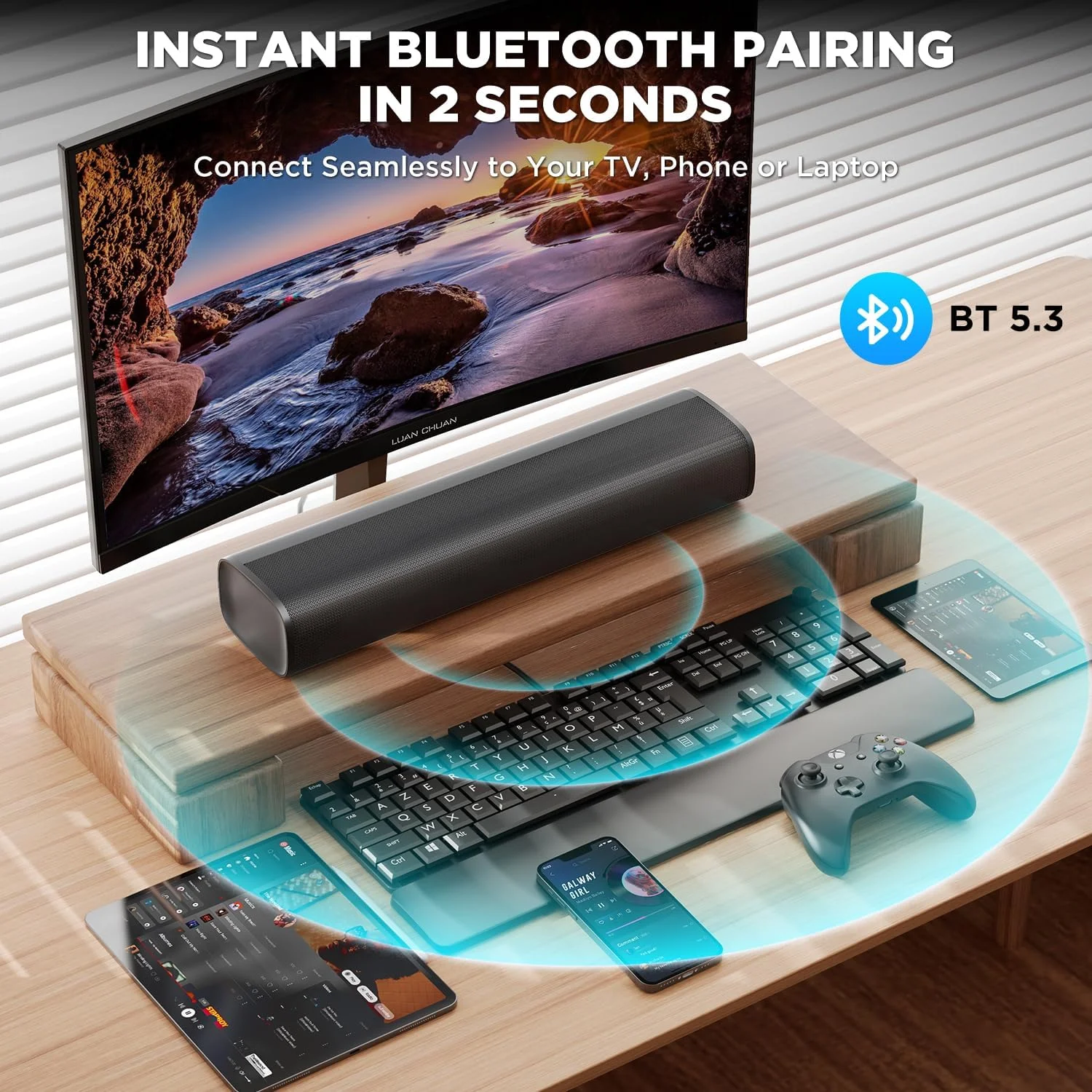 ساندبار Yinet-EU برای تلویزیون، بلندگوهای 56 واتی با بلوتوث 5.3/ARC/Optical/AUX - سیستم صوتی فراگیر سینمای خانگی قابل نصب روی دیوار، ساندبار کوچک برای کامپیوتر/بازی/پروژکتور با 3 حالت EQ (مشکی)