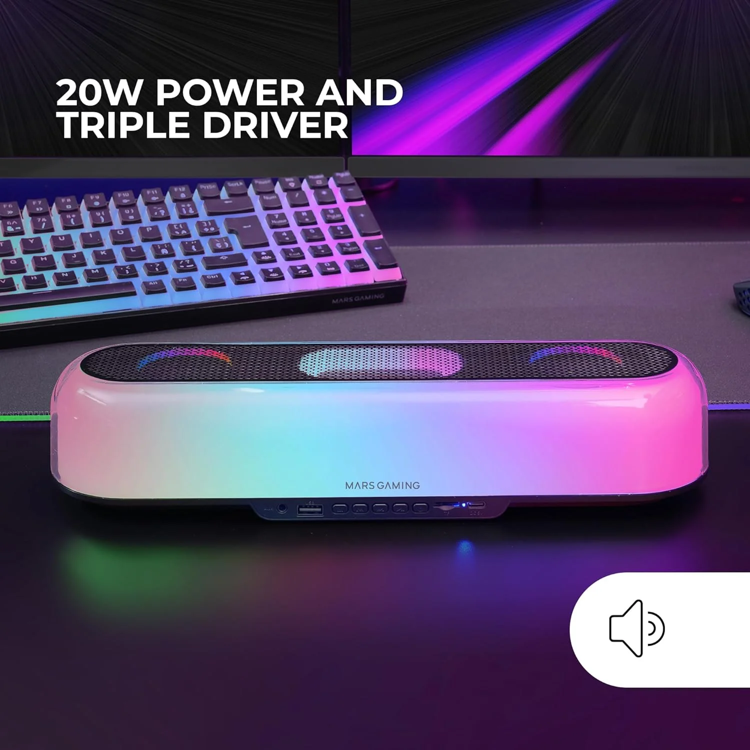 اسپیکر قابل حمل و ساندبار 20 واتی MARSGAMING MSB-ORB، نورپردازی 360 درجه RGB Orbilight، ساندبار با سیستم درایور سه گانه، اسپیکر گیمینگ بلوتوث 5.3 / USB/MicroSD/AUX/FM، مشکی