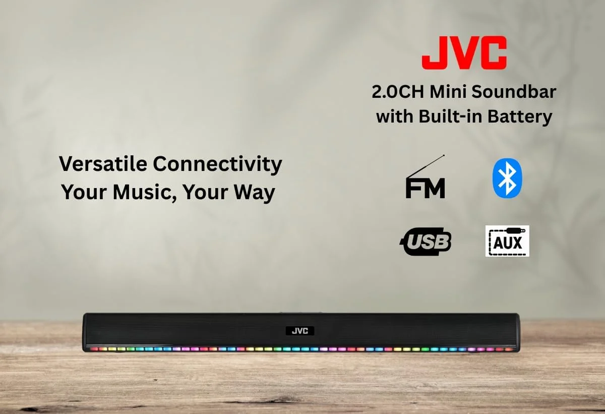 ساندبار بلوتوثی 2.0 کاناله JVC با باتری داخلی، نمایشگر LED، خروجی 400 وات PMPO، رادیو FM، اتصال USB و AUX - مدل TH-N324B ساندبار بلوتوثی 2.0 کاناله JVC با باتری داخلی، نمایشگر LED، خروجی 400 وات PMPO، رادیو FM، اتصال USB و AUX - مدل TH-N324B