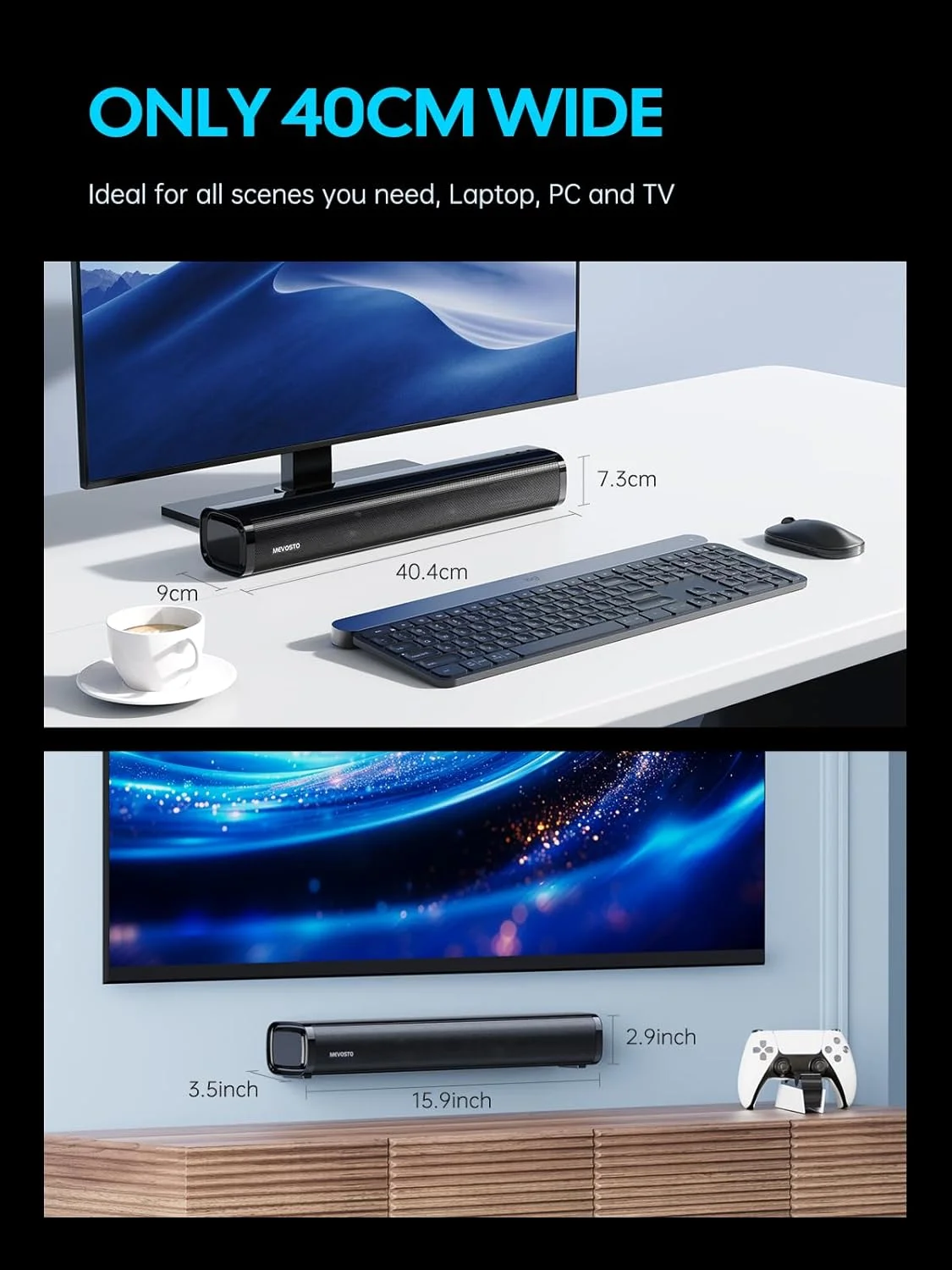 مِووستو ساندبار برای تلویزیون، کامپیوتر، ساندبار گیمینگ مینی 60 وات 2.1 کاناله با ساب ووفر یکپارچه، اسپیکر کامپیوتر با USB Digital Audio/BT5.4/Optical/AUX، تقویت صدا، 3 اکولایزر سازگار با کنسول های بازی 40 سانتی متر مِووستو ساندبار برای تلویزیون، کامپیوتر، ساندبار گیمینگ مینی 60 وات 2.1 کاناله با ساب ووفر یکپارچه، اسپیکر کامپیوتر با USB Digital Audio/BT5.4/Optical/AUX، تقویت صدا، 3 اکولایزر سازگار با کنسول های بازی 40 سانتی متر