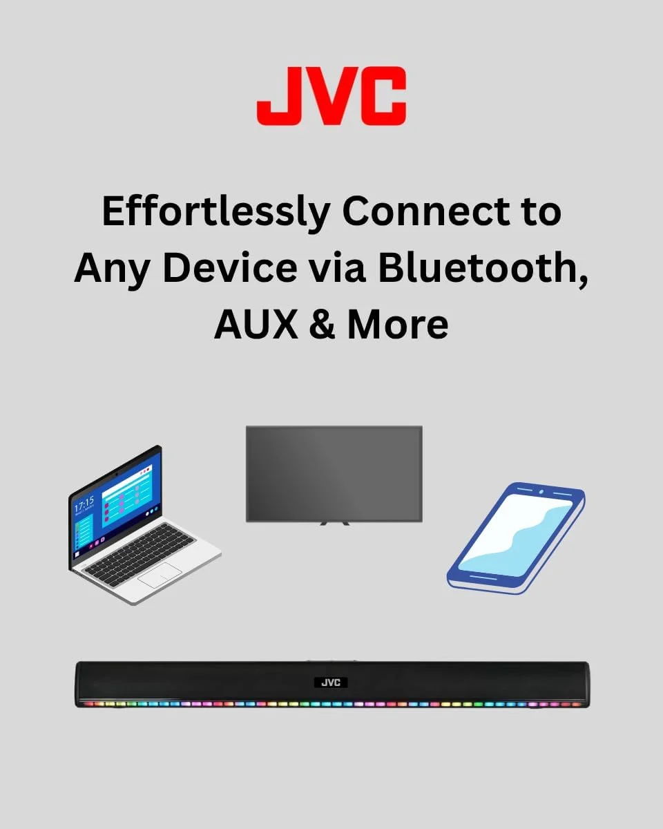 ساندبار بلوتوثی 2.0 کاناله JVC با باتری داخلی، نمایشگر LED، خروجی 400 وات PMPO، رادیو FM، اتصال USB و AUX - مدل TH-N324B ساندبار بلوتوثی 2.0 کاناله JVC با باتری داخلی، نمایشگر LED، خروجی 400 وات PMPO، رادیو FM، اتصال USB و AUX - مدل TH-N324B