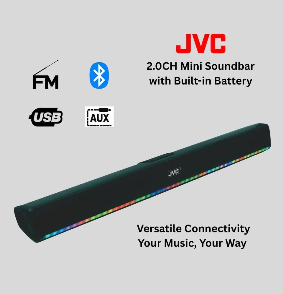 ساندبار بلوتوثی 2.0 کاناله JVC با باتری داخلی، نمایشگر LED، خروجی 400 وات PMPO، رادیو FM، اتصال USB و AUX - مدل TH-N324B ساندبار بلوتوثی 2.0 کاناله JVC با باتری داخلی، نمایشگر LED، خروجی 400 وات PMPO، رادیو FM، اتصال USB و AUX - مدل TH-N324B