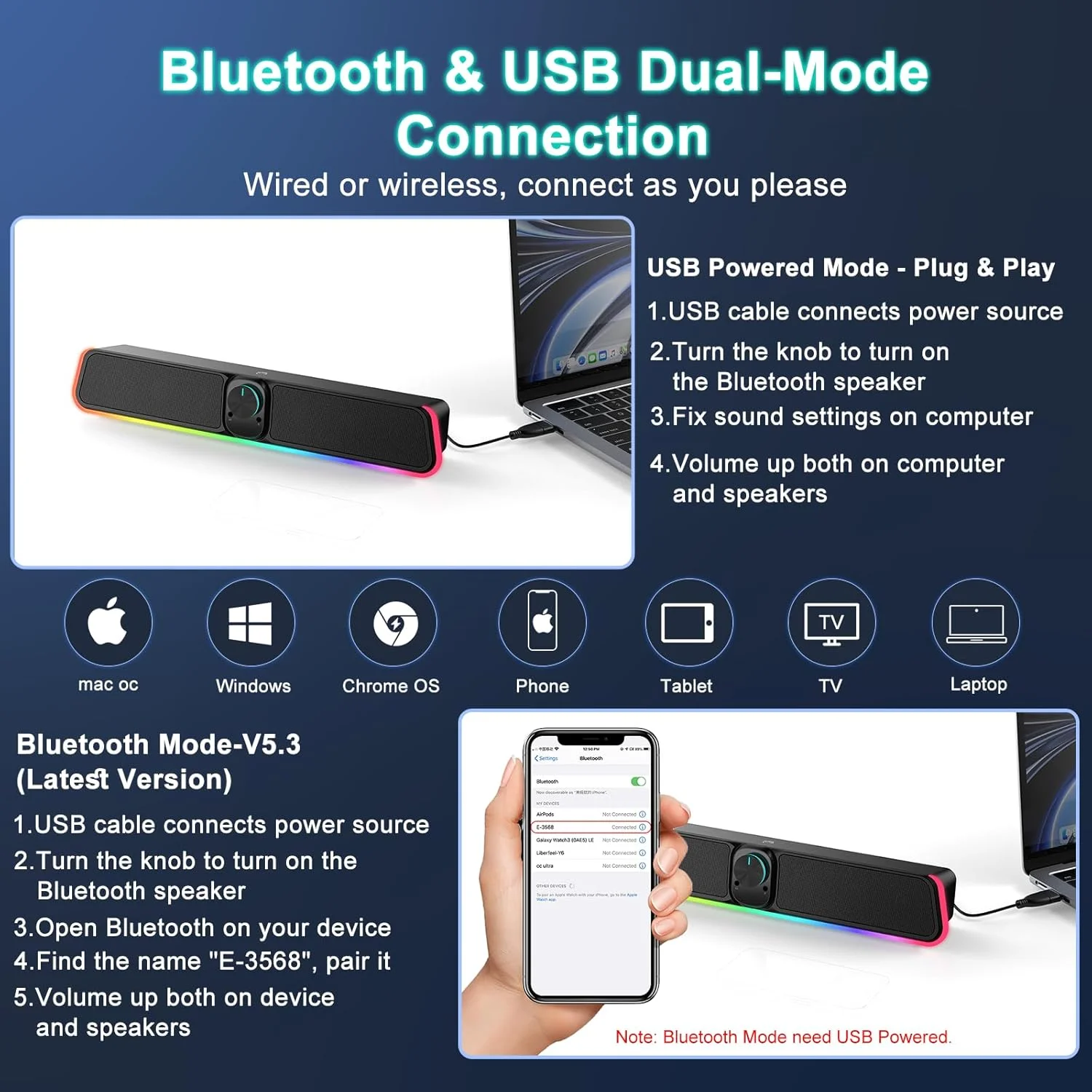 اسپیکر کامپیوتر رومیزی - ساندبار بلوتوثی USB با سیم با RGB و دکمه تنظیم صدا، اسپیکر ساندبار گیمینگ استریو HiFi قابل حمل برای مانیتور رومیزی، کامپیوتر شخصی، لپ تاپ، تبلت، مک ایر/پرو اسپیکر کامپیوتر رومیزی - ساندبار بلوتوثی USB با سیم با RGB و دکمه تنظیم صدا، اسپیکر ساندبار گیمینگ استریو HiFi قابل حمل برای مانیتور رومیزی، کامپیوتر شخصی، لپ تاپ، تبلت، مک ایر/پرو