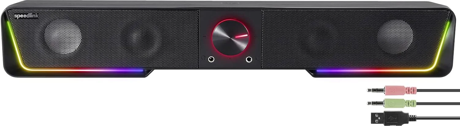 اسپیکر ساندبار استریو RGB اسپیدلینک Gravity - اسپیکر با اتصال بلوتوث برای گوشی هوشمند/تبلت - نورپردازی RGB - جک هدفون و میکروفون - مشکی اسپیکر ساندبار استریو RGB اسپیدلینک Gravity - اسپیکر با اتصال بلوتوث برای گوشی هوشمند/تبلت - نورپردازی RGB - جک هدفون و میکروفون - مشکی