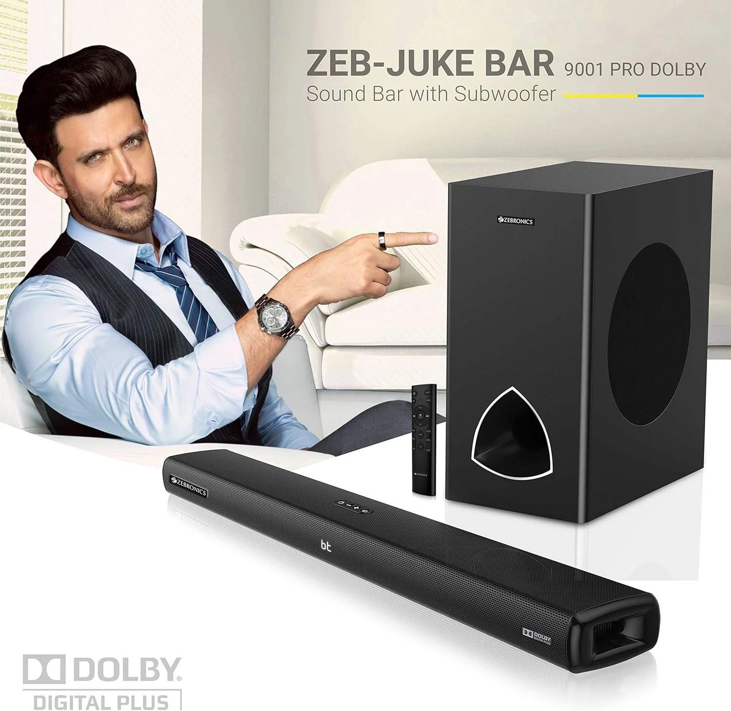 زیبرونیکس Zeb-JUKEBAR 9001 PRO Dolby، ساندبار چندرسانه‌ای 120 واتی به همراه ساب ووفر با پشتیبانی از بلوتوث، HDMI(ARC)، ورودی اپتیکال، AUX، USB، Dolby Digital Plus و کنترل از راه دور (مشکی)