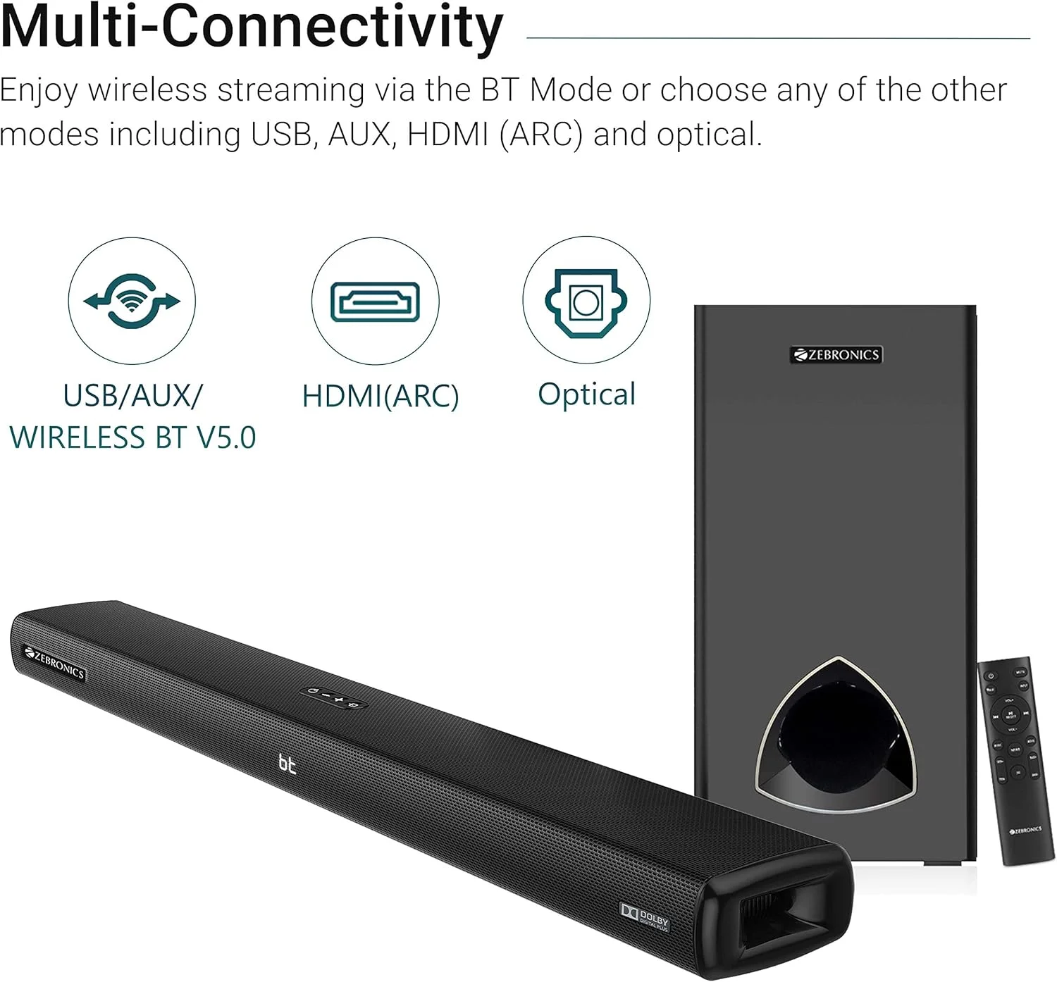 زیبرونیکس Zeb-JUKEBAR 9001 PRO Dolby، ساندبار چندرسانه‌ای 120 واتی به همراه ساب ووفر با پشتیبانی از بلوتوث، HDMI(ARC)، ورودی اپتیکال، AUX، USB، Dolby Digital Plus و کنترل از راه دور (مشکی)