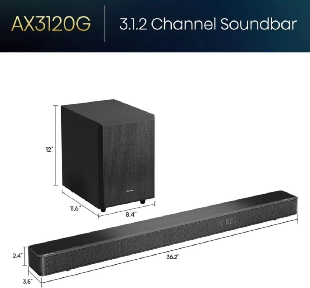 ساندبار 3.1.2 کاناله هایسنس AX3120G با ساب ووفر بی سیم، 360 وات، Dolby Atmos، بلوتوث 5.3، EzPlay، قابلیت انتقال 4K HDMI، سازگار با Roku TV، DTS: X، HDMI/AUX/ARC/Optical/USB، دارای 7 حالت EQ ساندبار 3.1.2 کاناله هایسنس AX3120G با ساب ووفر بی سیم، 360 وات، Dolby Atmos، بلوتوث 5.3، EzPlay، قابلیت انتقال 4K HDMI، سازگار با Roku TV، DTS: X، HDMI/AUX/ARC/Optical/USB، دارای 7 حالت EQ