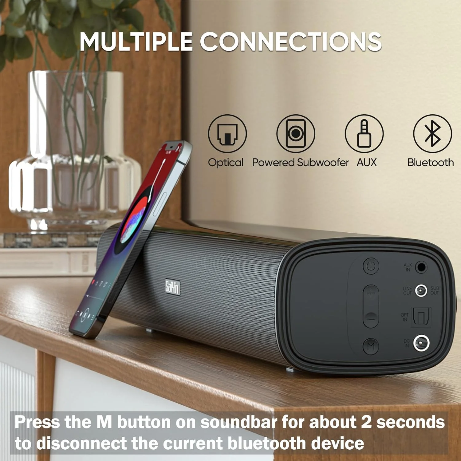 ساندبار سایین، ساندبار 17 اینچی برای تلویزیون هوشمند با اتصال بلوتوث 5.3/اپتیکال/AUX، ساندبار برای تلویزیون/کامپیوتر/بازی/پروژکتور، قابل نصب روی دیوار و طراحی فوق العاده جمع و جور