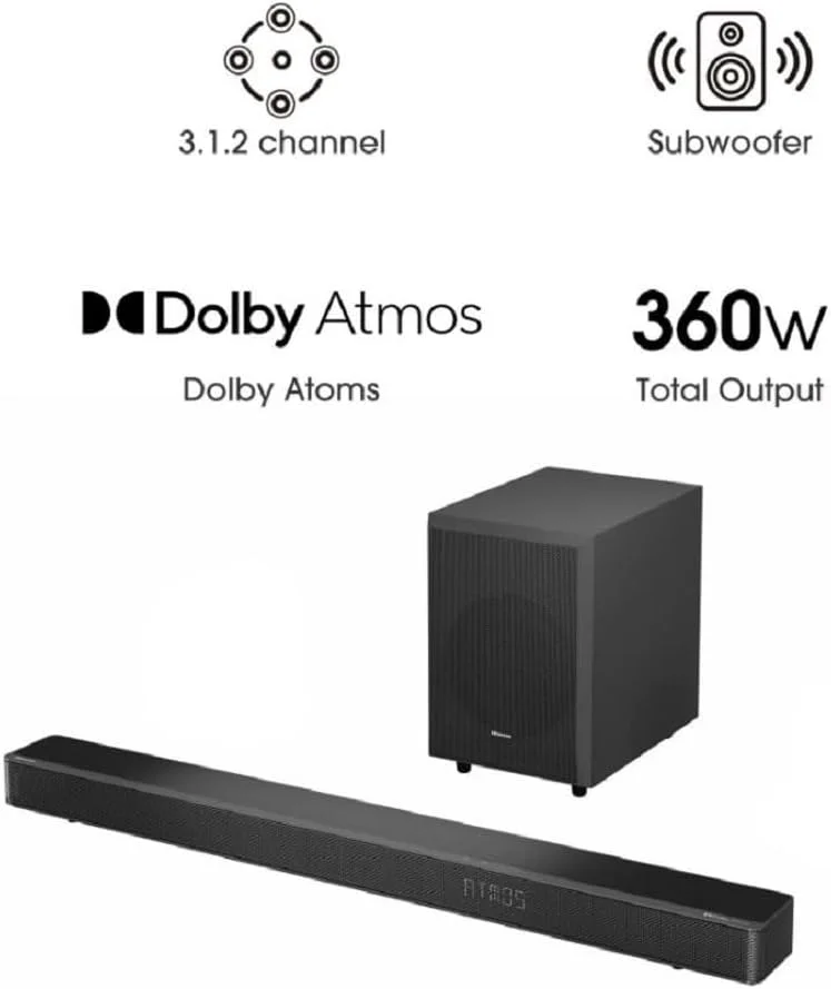 ساندبار 3.1.2 کاناله هایسنس AX3120G با ساب ووفر بی سیم، 360 وات، Dolby Atmos، بلوتوث 5.3، EzPlay، قابلیت انتقال 4K HDMI، سازگار با Roku TV، DTS: X، HDMI/AUX/ARC/Optical/USB، دارای 7 حالت EQ ساندبار 3.1.2 کاناله هایسنس AX3120G با ساب ووفر بی سیم، 360 وات، Dolby Atmos، بلوتوث 5.3، EzPlay، قابلیت انتقال 4K HDMI، سازگار با Roku TV، DTS: X، HDMI/AUX/ARC/Optical/USB، دارای 7 حالت EQ