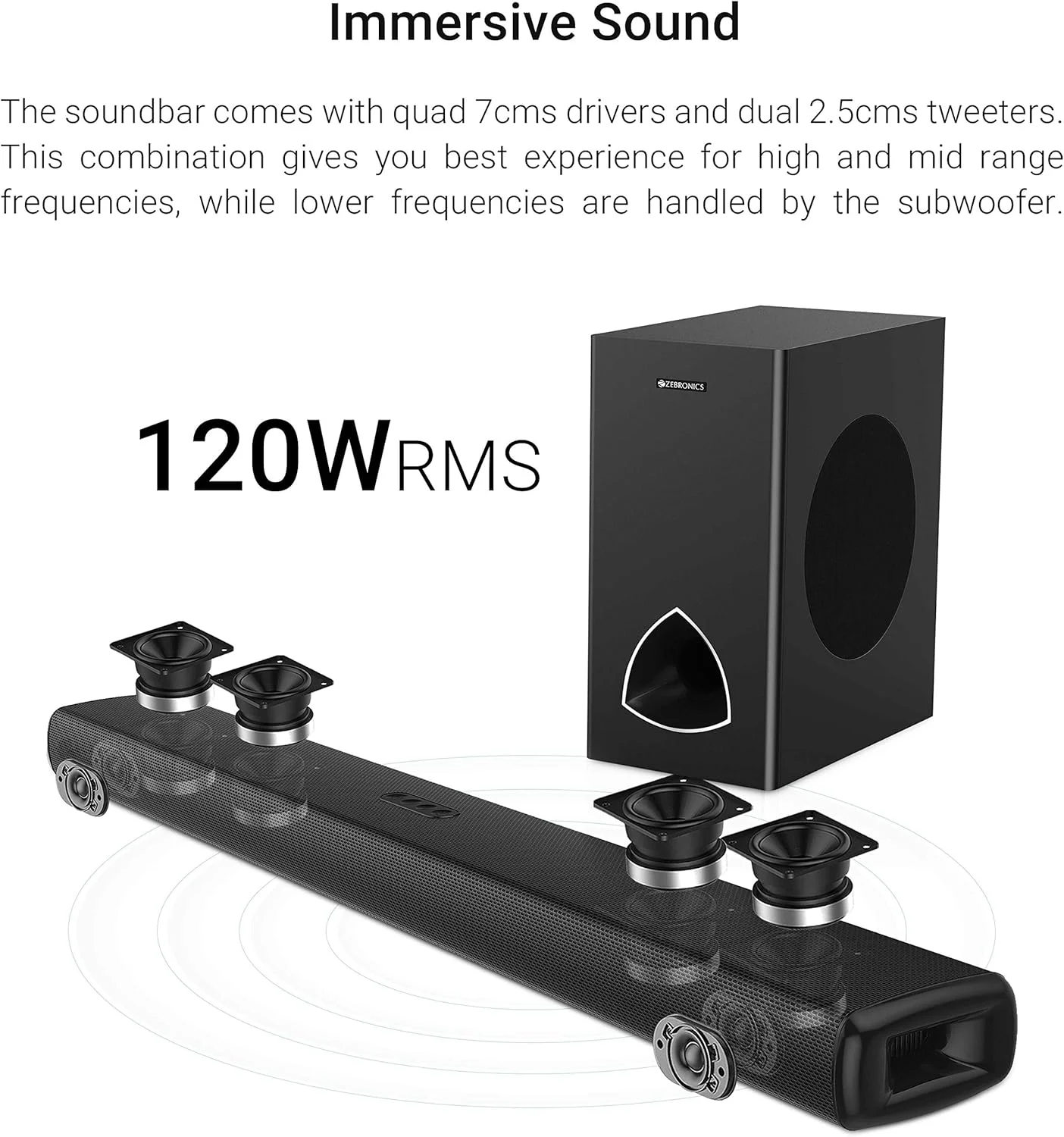 زیبرونیکس Zeb-JUKEBAR 9001 PRO Dolby، ساندبار چندرسانه‌ای 120 واتی به همراه ساب ووفر با پشتیبانی از بلوتوث، HDMI(ARC)، ورودی اپتیکال، AUX، USB، Dolby Digital Plus و کنترل از راه دور (مشکی)