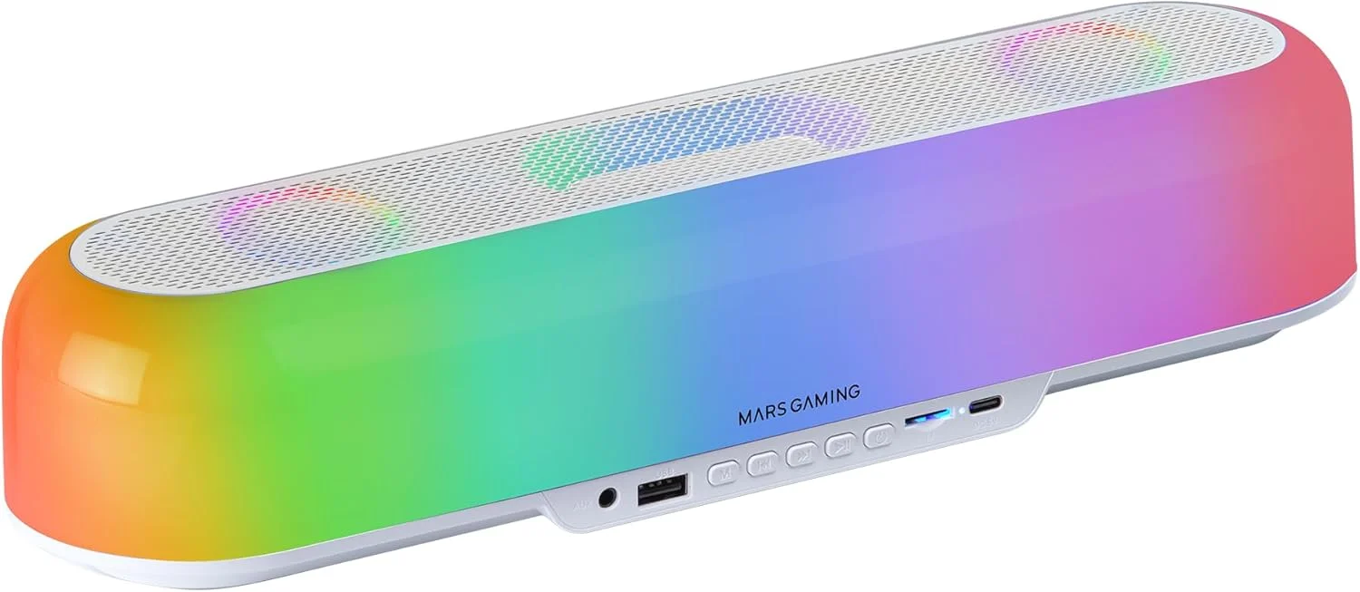 اسپیکر قابل حمل و ساندبار 20 واتی MARSGAMING MSB-ORB، نورپردازی RGB 360 درجه Orbilight، ساندبار با سیستم درایور سه گانه، اسپیکر گیمینگ بلوتوث 5.3 / USB/MicroSD/AUX/FM، سفید اسپیکر قابل حمل و ساندبار 20 واتی MARSGAMING MSB-ORB، نورپردازی RGB 360 درجه Orbilight، ساندبار با سیستم درایور سه گانه، اسپیکر گیمینگ بلوتوث 5.3 / USB/MicroSD/AUX/FM، سفید