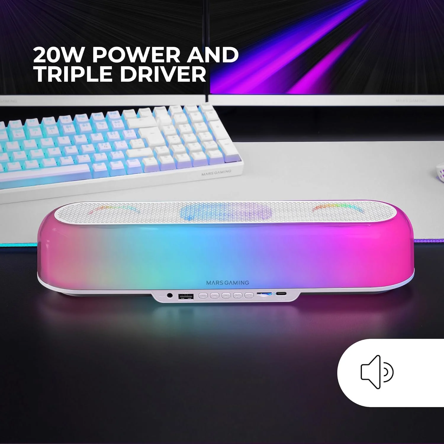 اسپیکر قابل حمل و ساندبار 20 واتی MARSGAMING MSB-ORB، نورپردازی RGB 360 درجه Orbilight، ساندبار با سیستم درایور سه گانه، اسپیکر گیمینگ بلوتوث 5.3 / USB/MicroSD/AUX/FM، سفید