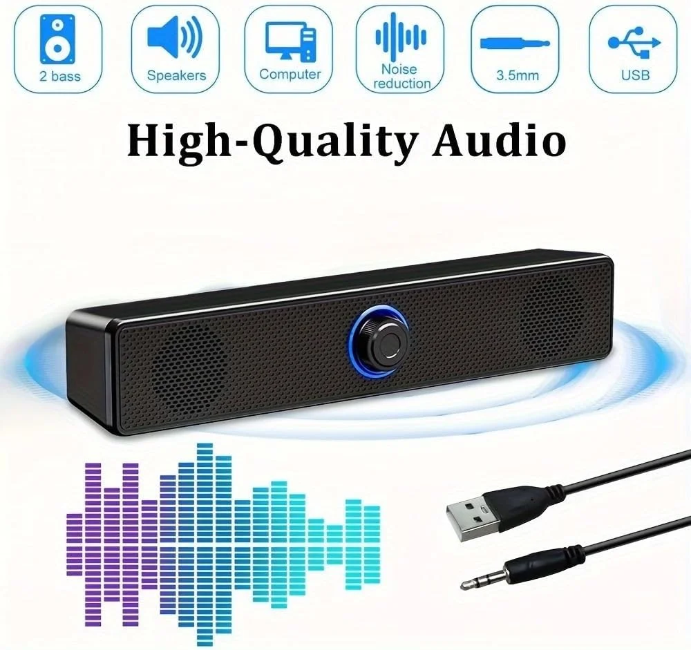 اسپیکر کامپیوتر ساندبار رومیزی سیم دار با تغذیه USB، دارای فیش 3.5 میلی متری و کنترل صدا، خروجی صدای استریو برای کامپیوترها و لپ تاپ ها اسپیکر کامپیوتر ساندبار رومیزی سیم دار با تغذیه USB، دارای فیش 3.5 میلی متری و کنترل صدا، خروجی صدای استریو برای کامپیوترها و لپ تاپ ها
