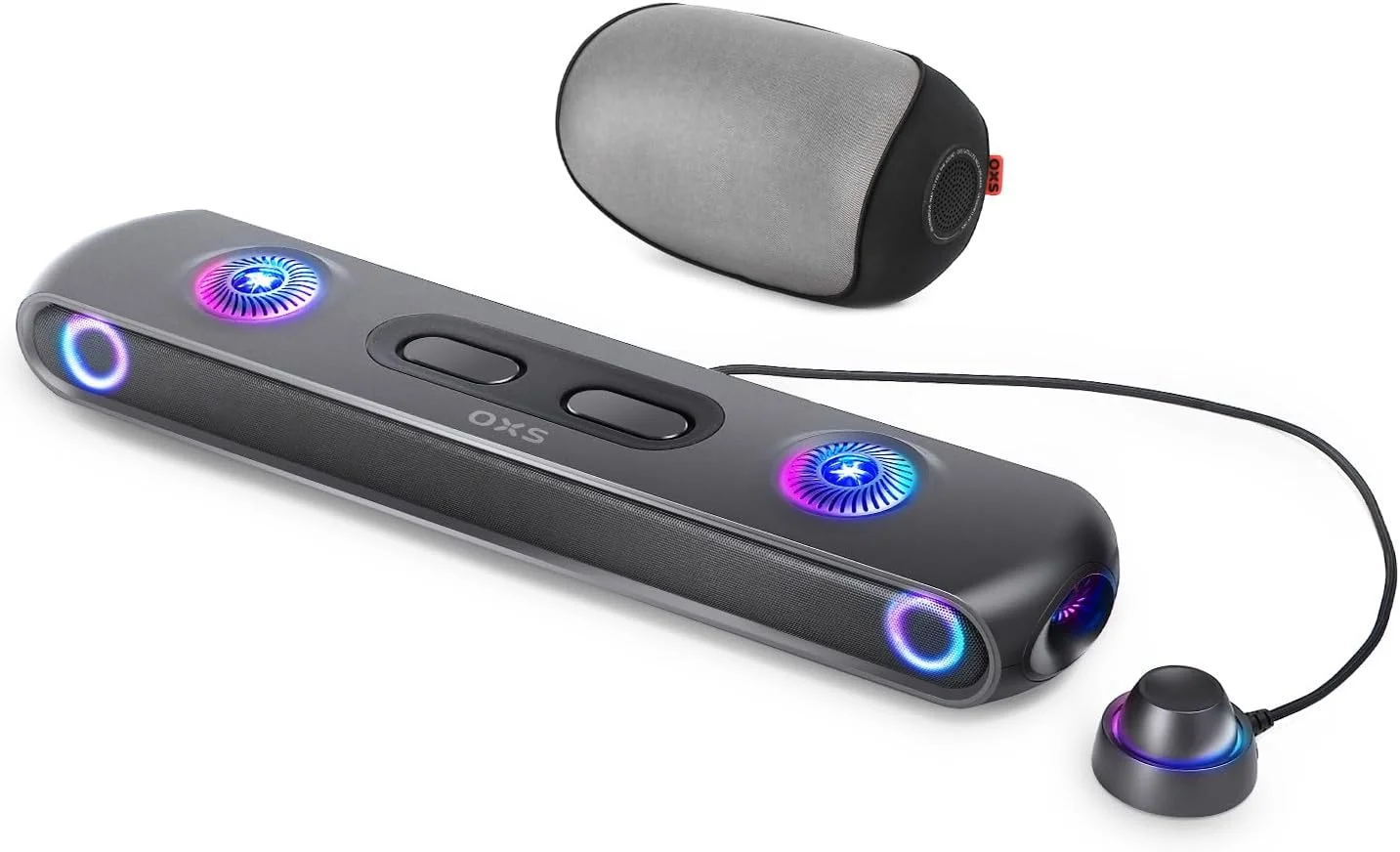 ساندبار گیمینگ OXS Thunder Pro+ با بلندگوی گردنی ماهواره ای بی سیم، سیستم صدای فراگیر 7.1.2 Dolby Atmos، ساب ووفر داخلی، سفارشی سازی برنامه، جلوه های RGB، 3 حالت Pro Gamer، طراحی شیک