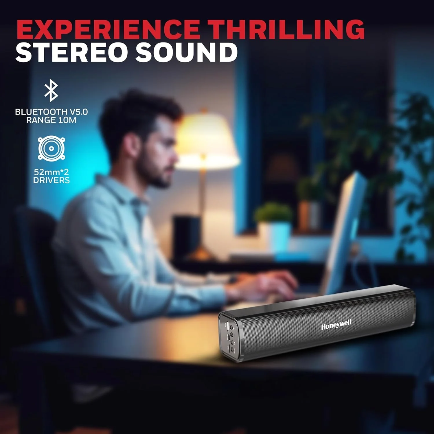 هانیول Moxie V1000 ساندبار بلوتوثی بی سیم 10 واتی 2.0 کاناله V5.0، صدای استریو 5.0، 2 درایور 52 میلی متری، 15 ساعت پخش، TWS، باتری 1200 میلی آمپر ساعتی، اتصال چندگانه از طریق کارت SD، جک صوتی و USB هانیول Moxie V1000 ساندبار بلوتوثی بی سیم 10 واتی 2.0 کاناله V5.0، صدای استریو 5.0، 2 درایور 52 میلی متری، 15 ساعت پخش، TWS، باتری 1200 میلی آمپر ساعتی، اتصال چندگانه از طریق کارت SD، جک صوتی و USB