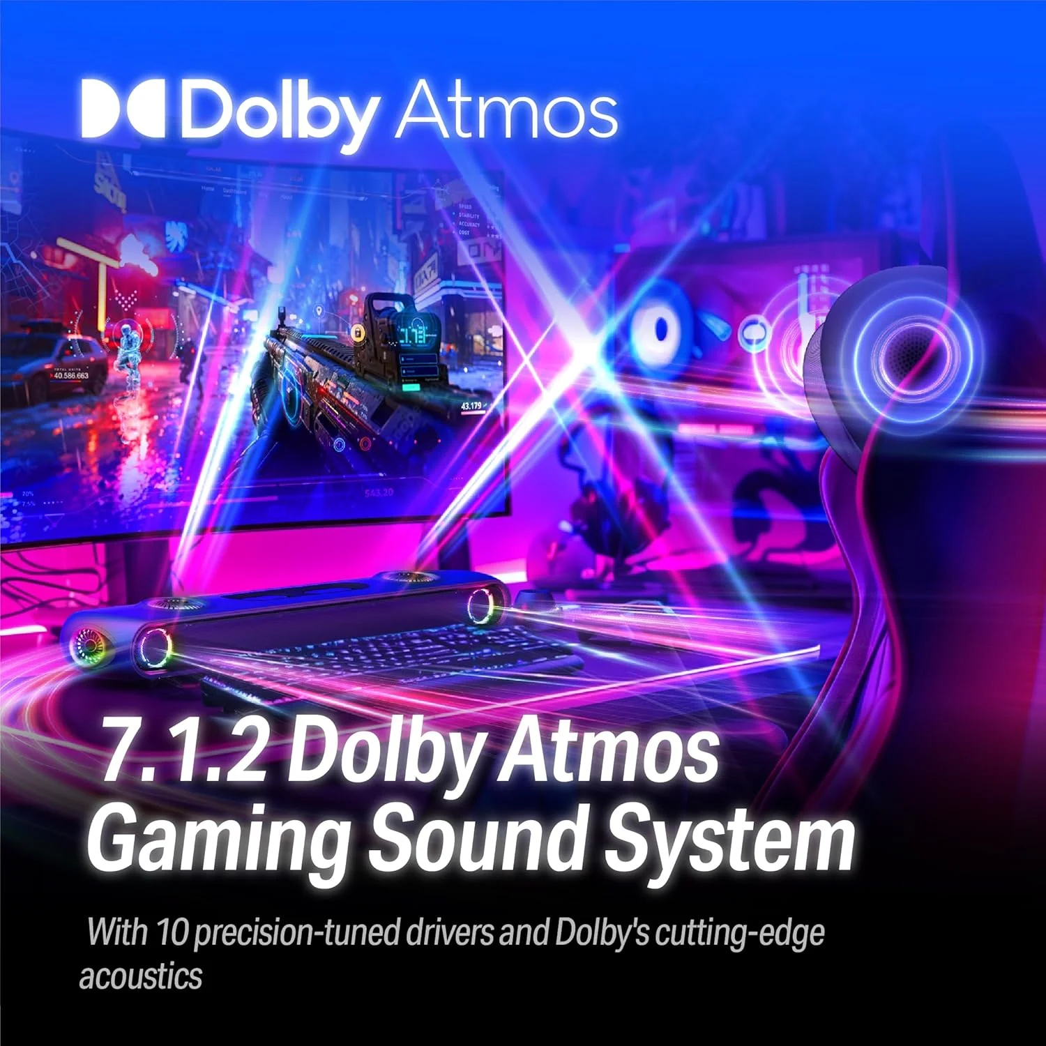 ساندبار گیمینگ OXS Thunder Pro+ با بلندگوی گردنی ماهواره ای بی سیم، سیستم صدای فراگیر 7.1.2 Dolby Atmos، ساب ووفر داخلی، سفارشی سازی برنامه، جلوه های RGB، 3 حالت Pro Gamer، طراحی شیک