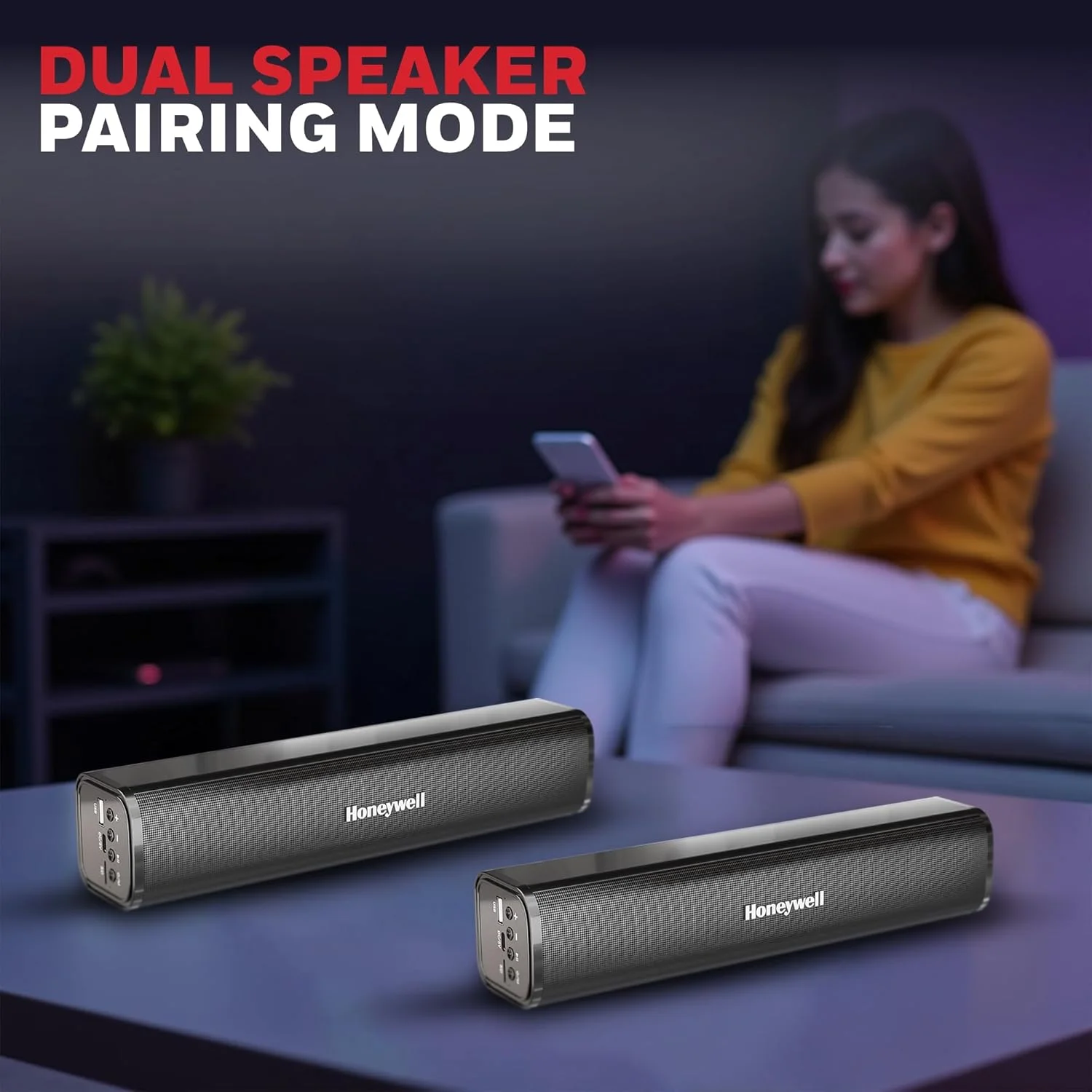 هانیول Moxie V1000 ساندبار بلوتوثی بی سیم 10 واتی 2.0 کاناله V5.0، صدای استریو 5.0، 2 درایور 52 میلی متری، 15 ساعت پخش، TWS، باتری 1200 میلی آمپر ساعتی، اتصال چندگانه از طریق کارت SD، جک صوتی و USB هانیول Moxie V1000 ساندبار بلوتوثی بی سیم 10 واتی 2.0 کاناله V5.0، صدای استریو 5.0، 2 درایور 52 میلی متری، 15 ساعت پخش، TWS، باتری 1200 میلی آمپر ساعتی، اتصال چندگانه از طریق کارت SD، جک صوتی و USB