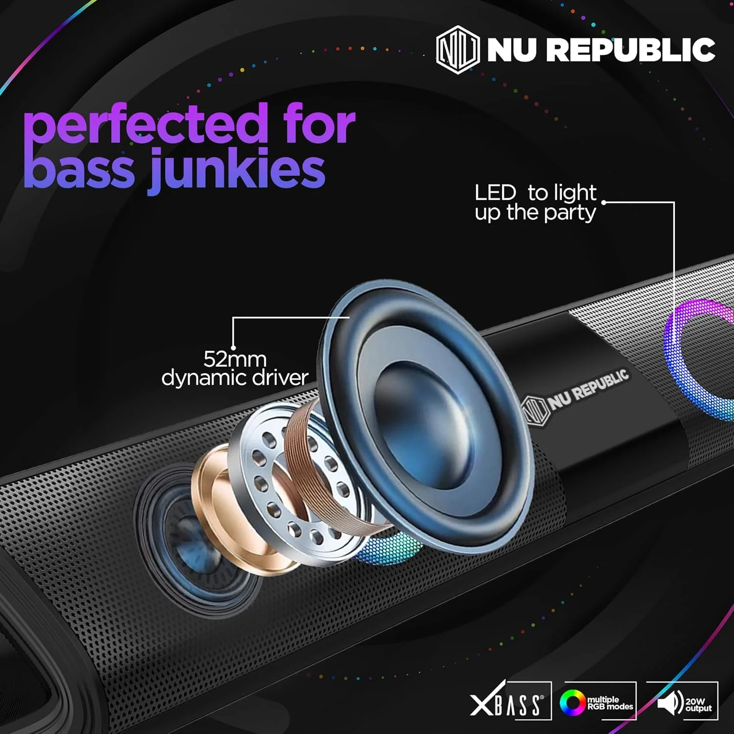 نوار صوتی بلوتوثی نو ریپابلیک پارتی باکس 20 با فناوری X-Bass، درایورهای دینامیک 52 میلیمتری، تا 16 ساعت پخش، چراغهای الایدی RGB چندگانه، خروجی 20 وات (مشکی، 2.0 کانال) نوار صوتی بلوتوثی نو ریپابلیک پارتی باکس 20 با فناوری X-Bass، درایورهای دینامیک 52 میلیمتری، تا 16 ساعت پخش، چراغهای الایدی RGB چندگانه، خروجی 20 وات (مشکی، 2.0 کانال)