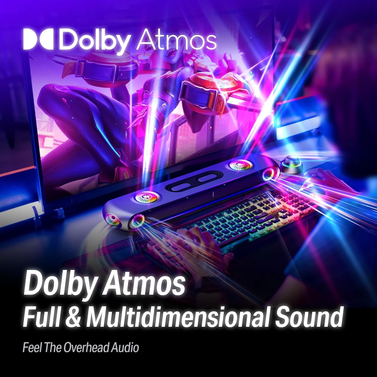 ساندبار گیمینگ OXS Thunder Pro+ با بلندگوی گردنی ماهواره ای بی سیم، سیستم صدای فراگیر 7.1.2 Dolby Atmos، ساب ووفر داخلی، سفارشی سازی برنامه، جلوه های RGB، 3 حالت Pro Gamer، طراحی شیک