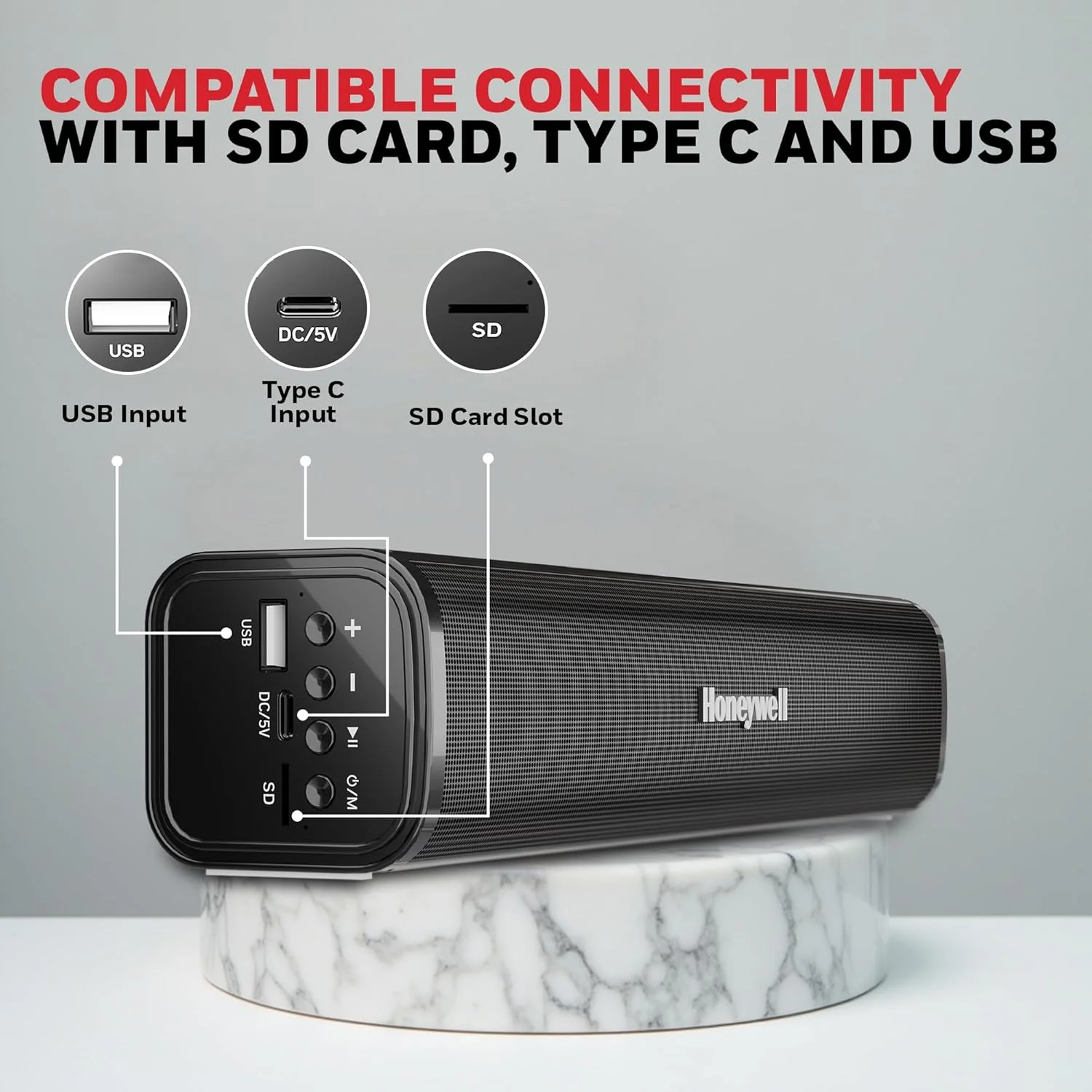 هانیول Moxie V1000 ساندبار بلوتوثی بی سیم 10 واتی 2.0 کاناله V5.0، صدای استریو 5.0، 2 درایور 52 میلی متری، 15 ساعت پخش، TWS، باتری 1200 میلی آمپر ساعتی، اتصال چندگانه از طریق کارت SD، جک صوتی و USB هانیول Moxie V1000 ساندبار بلوتوثی بی سیم 10 واتی 2.0 کاناله V5.0، صدای استریو 5.0، 2 درایور 52 میلی متری، 15 ساعت پخش، TWS، باتری 1200 میلی آمپر ساعتی، اتصال چندگانه از طریق کارت SD، جک صوتی و USB