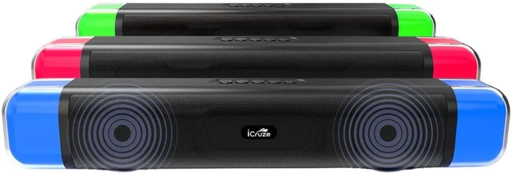 آی کروز نئون باس ساندبار بلوتوثی بی سیم 16 واتی نسخه 5.0 با نورپردازی RGB LED برای کامپیوتر گیمینگ، باتری 2000 میلی آمپری/ کارت SD/ AUX/ USB/ رادیو FM/ 6 ساعت پخش