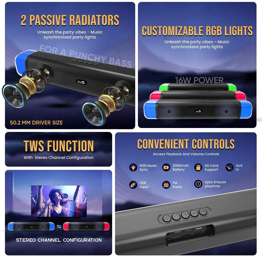 آی کروز نئون باس ساندبار بلوتوثی بی سیم 16 واتی نسخه 5.0 با نورپردازی RGB LED برای کامپیوتر گیمینگ، باتری 2000 میلی آمپری/ کارت SD/ AUX/ USB/ رادیو FM/ 6 ساعت پخش