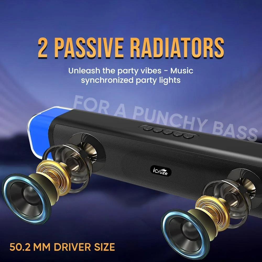 آی کروز نئون باس ساندبار بلوتوثی بی سیم 16 واتی نسخه 5.0 با نورپردازی RGB LED برای کامپیوتر گیمینگ، باتری 2000 میلی آمپری/ کارت SD/ AUX/ USB/ رادیو FM/ 6 ساعت پخش