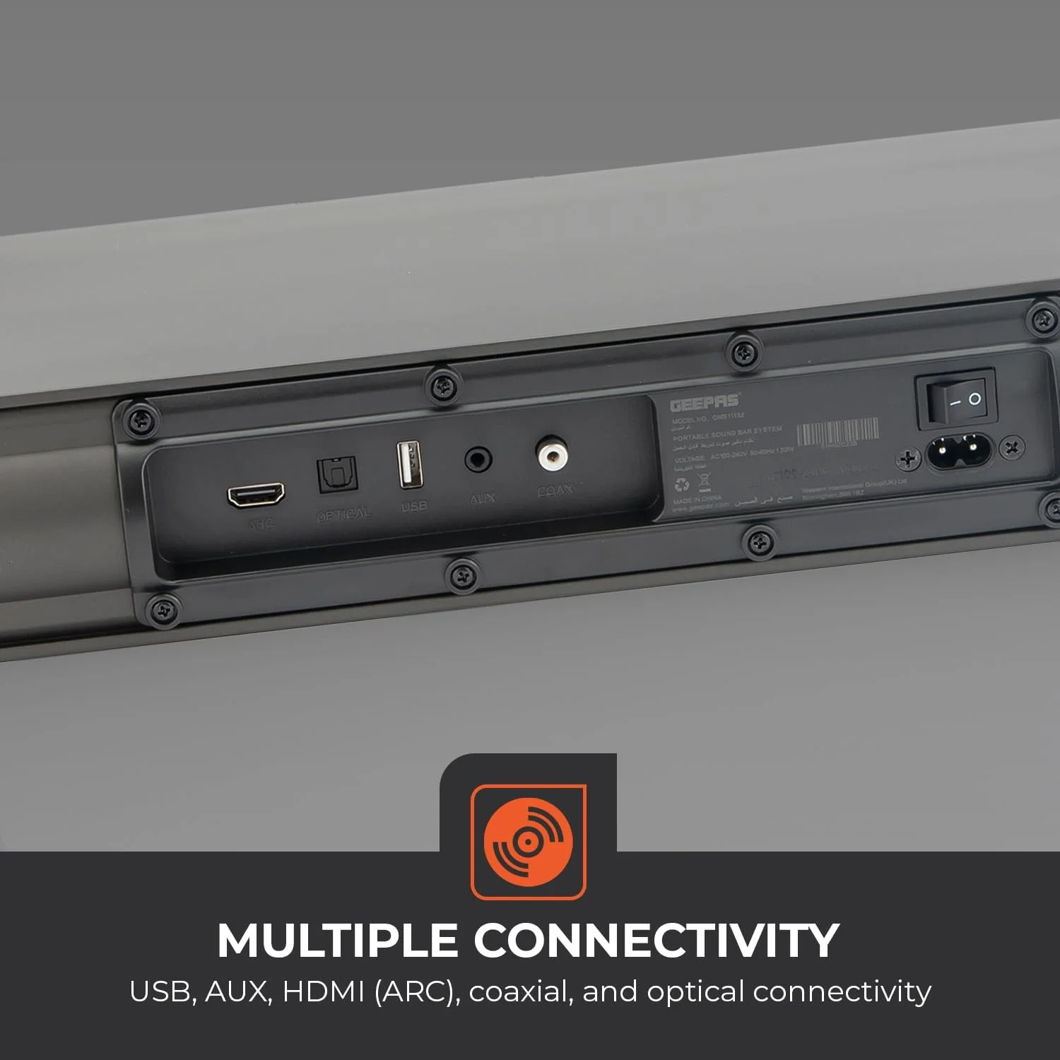 سیستم ساندبار قابل حمل Geepas GMS11152 مدل 2.2 کاناله با 2 ساب ووفر داخلی با فناوری صدای سه بعدی USB/AUX/BT/HDMI/ریموت شامل اتصال به تلویزیون، موبایل، لپ تاپ و غیره، مشکی سیستم ساندبار قابل حمل Geepas GMS11152 مدل 2.2 کاناله با 2 ساب ووفر داخلی با فناوری صدای سه بعدی USB/AUX/BT/HDMI/ریموت شامل اتصال به تلویزیون، موبایل، لپ تاپ و غیره، مشکی