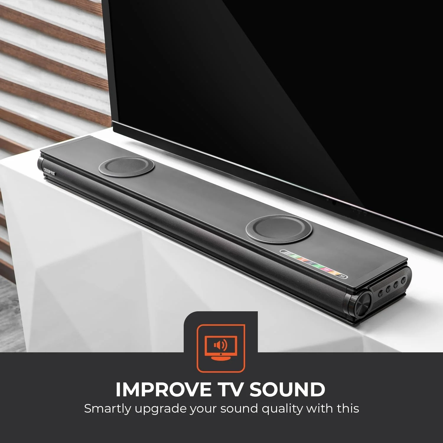 سیستم ساندبار قابل حمل Geepas GMS11152 مدل 2.2 کاناله با 2 ساب ووفر داخلی با فناوری صدای سه بعدی USB/AUX/BT/HDMI/ریموت شامل اتصال به تلویزیون، موبایل، لپ تاپ و غیره، مشکی سیستم ساندبار قابل حمل Geepas GMS11152 مدل 2.2 کاناله با 2 ساب ووفر داخلی با فناوری صدای سه بعدی USB/AUX/BT/HDMI/ریموت شامل اتصال به تلویزیون، موبایل، لپ تاپ و غیره، مشکی