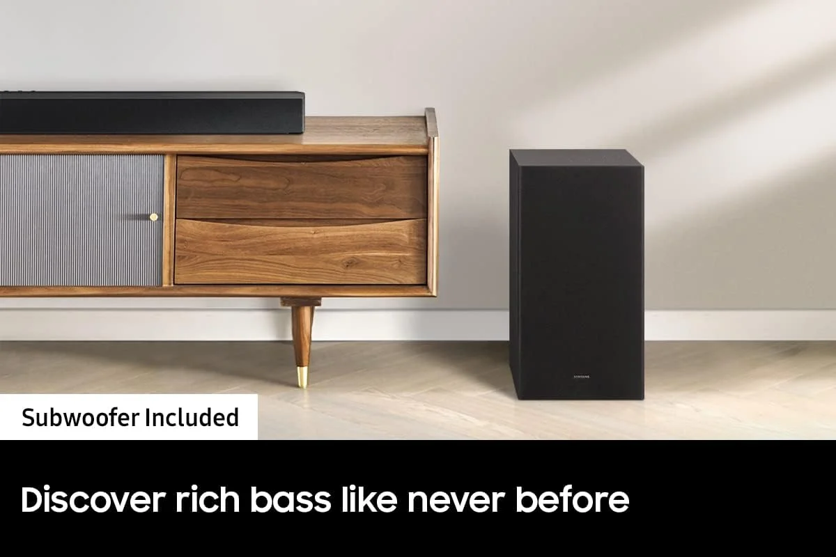 ساندبار 2.1 کاناله سامسونگ HW-B450 با Dolby Audio، همراه با ساب ووفر، تقویت بیس، اتصال بلوتوث بی سیم به تلویزیون، Adaptive Sound Lite، حالت بازی، 2022