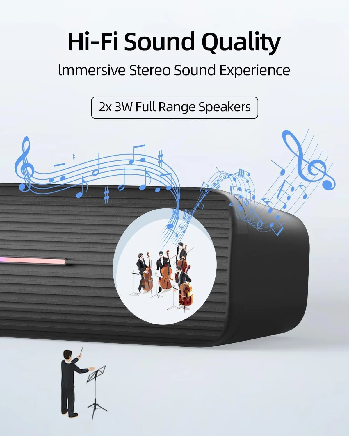 اسپیکر ساندبار کوچک Azonee، اسپیکر استریو RGB برای کامپیوتر، تبلت، لپ تاپ، اسپیکر کامپیوتر با نورهای رنگارنگ، تغذیه از طریق USB، کنترل با دکمه