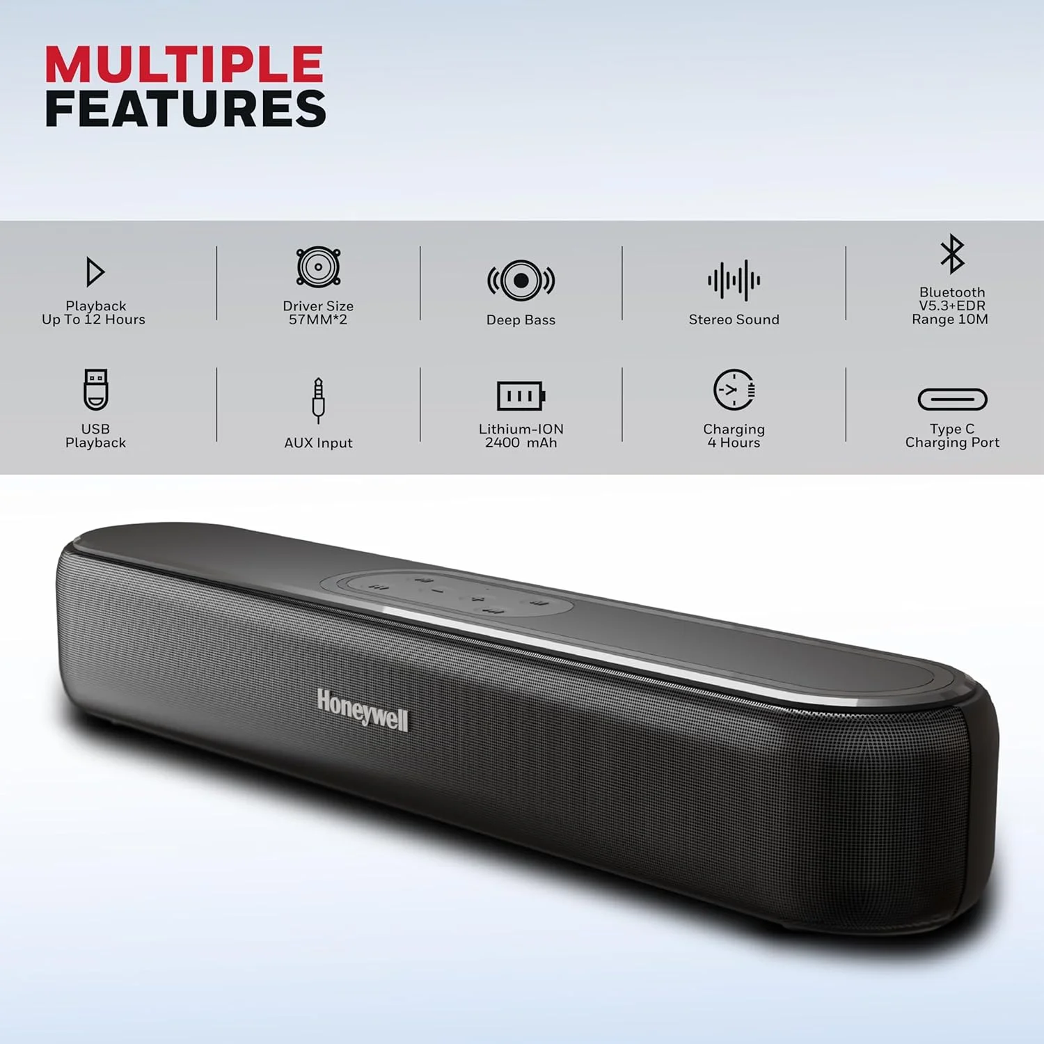 ساندبار Honeywell New Launch Moxie V3000 با صدای استریو بی سیم 30 واتی، بیس عمیق، BT v5.3+EDR، 12 ساعت پخش، درایورهای دوگانه 57 میلی متری، حالت ورودی - AUX، USB، HDMI/ARC