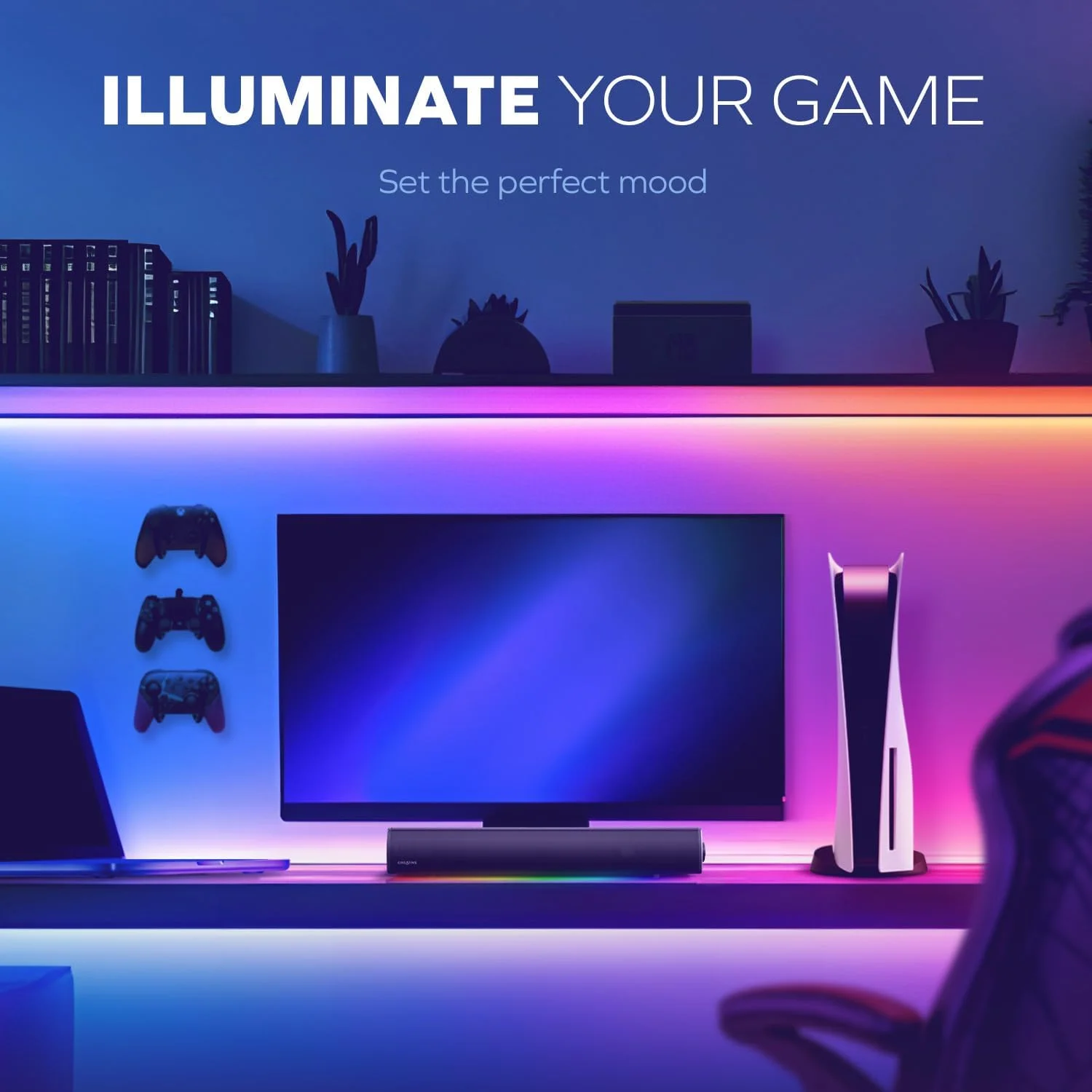 ساندبار گیمینگ RGB مدل Sound Blaster GS5 با فناوری SuperWide، تغذیه از طریق آداپتور، حداکثر توان 60 وات، بلوتوث 5.4، ورودی اپتیکال، پورت خروجی هدفون، برای کامپیوتر و تلویزیون