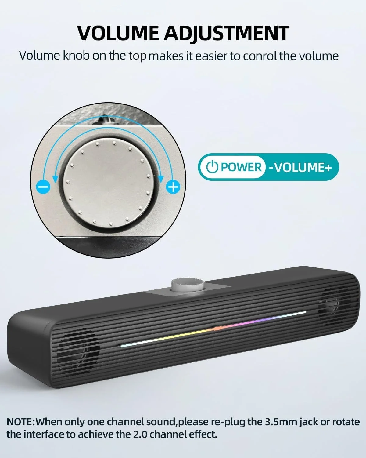 اسپیکر ساندبار کوچک Azonee، اسپیکر استریو RGB برای کامپیوتر، تبلت، لپ تاپ، اسپیکر کامپیوتر با نورهای رنگارنگ، تغذیه از طریق USB، کنترل با دکمه