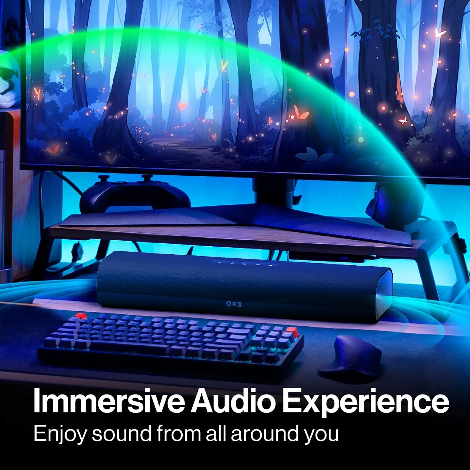 ساندبار گیمینگ OXS Thunder Lite PC، ساندبار برای تلویزیون با صدای فراگیر مجازی، 2 درایور فول رنج، تیوب باس، طراحی جمع و جور، سازگار با HDMI/AUX/Optical، اتصال بی سیم بلوتوث 5.0