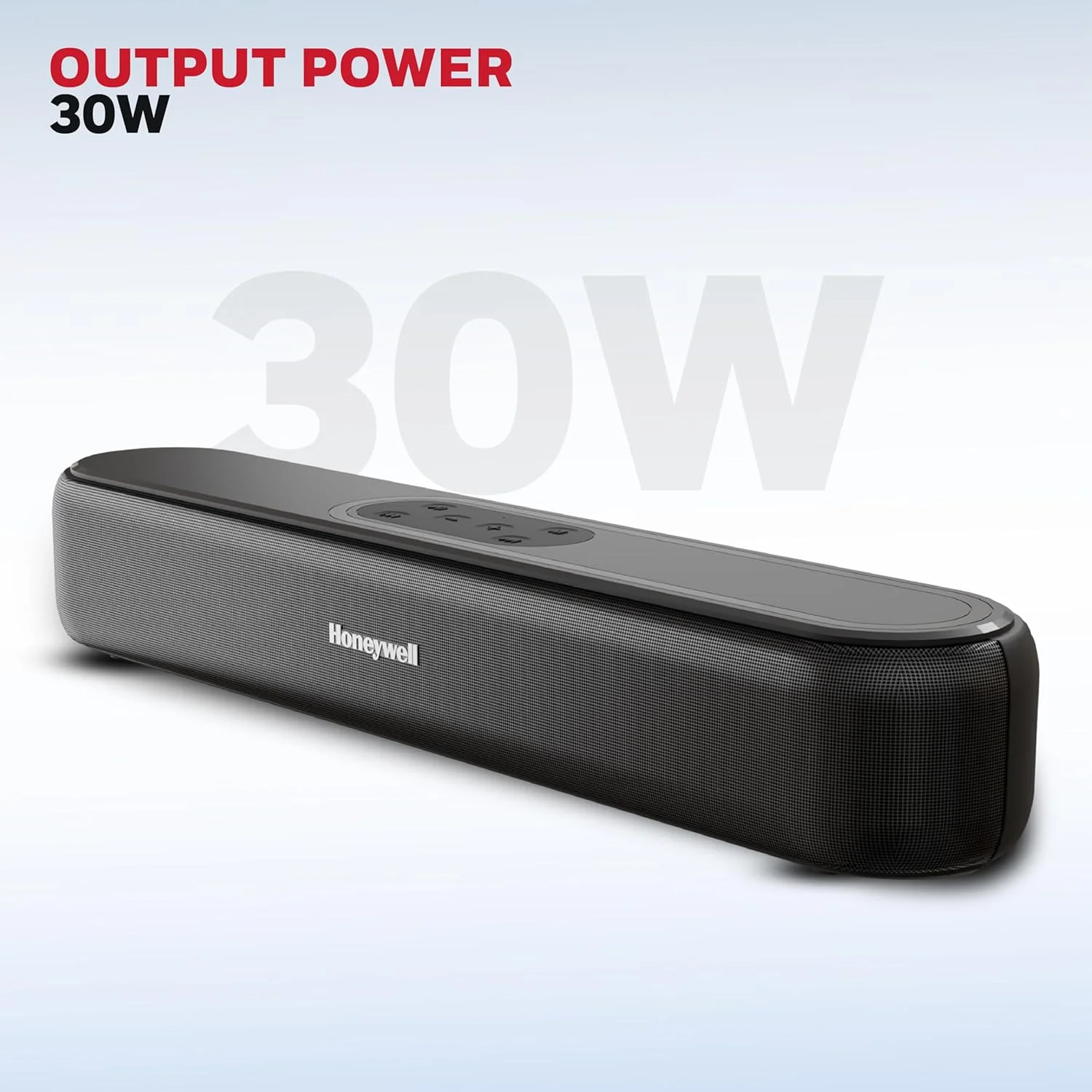 ساندبار Honeywell New Launch Moxie V3000 با صدای استریو بی سیم 30 واتی، بیس عمیق، BT v5.3+EDR، 12 ساعت پخش، درایورهای دوگانه 57 میلی متری، حالت ورودی - AUX، USB، HDMI/ARC