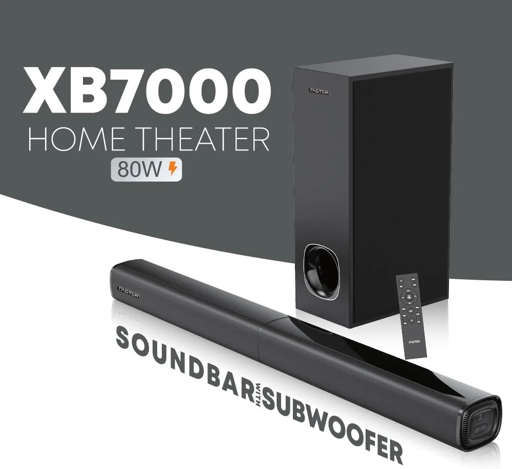 سیستم صوتی سینمای خانگی 2.1 کاناله Faster XB7000 - خروجی 80 وات با ساب ووفر - بیس عمیق و هیجان انگیز، بلوتوث، HDMI(ARC)، اپتیکال، AUX، USB، ریموت کنترل و قابلیت نصب دیواری - ایده آل برای تلویزیون، کامپیوتر و صفحه نمایش های عریض سیستم صوتی سینمای خانگی 2.1 کاناله Faster XB7000 - خروجی 80 وات با ساب ووفر - بیس عمیق و هیجان انگیز، بلوتوث، HDMI(ARC)، اپتیکال، AUX، USB، ریموت کنترل و قابلیت نصب دیواری - ایده آل برای تلویزیون، کامپیوتر و صفحه نمایش های عریض