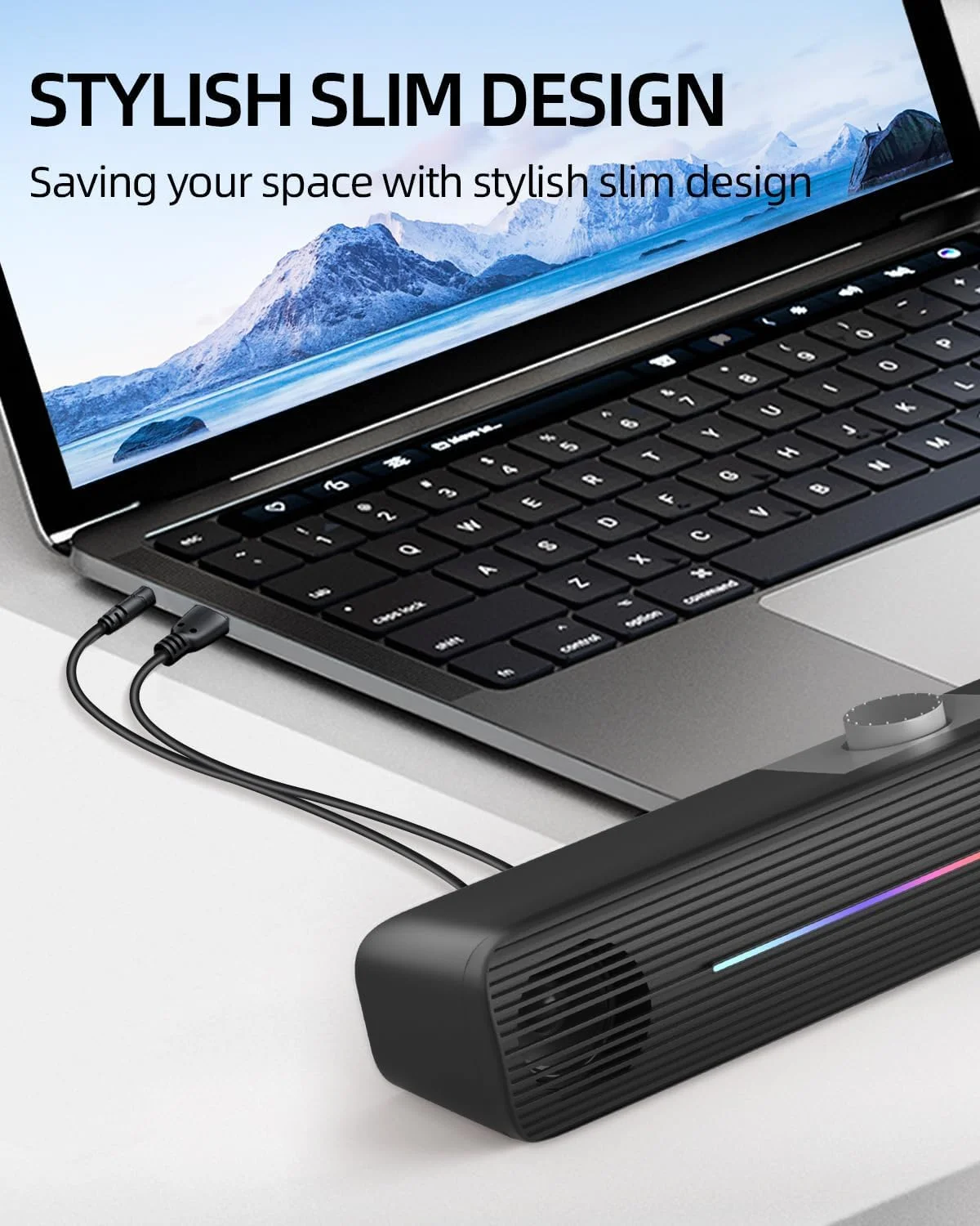 اسپیکر ساندبار کوچک Azonee، اسپیکر استریو RGB برای کامپیوتر، تبلت، لپ تاپ، اسپیکر کامپیوتر با نورهای رنگارنگ، تغذیه از طریق USB، کنترل با دکمه